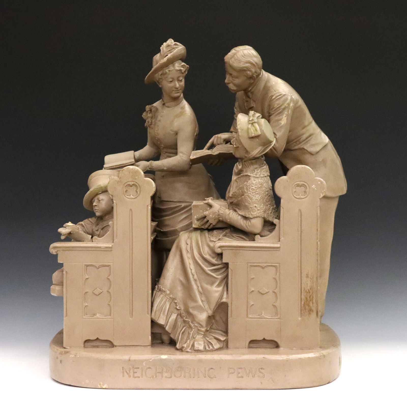 Rogers Group Figural Grouping: A late 19th century John Rogers Group plaster figural grouping, titled "Neighboring Pews". Depicts a man, two women and a bored child in the pews of a church with Beige painted finish. Titled at front