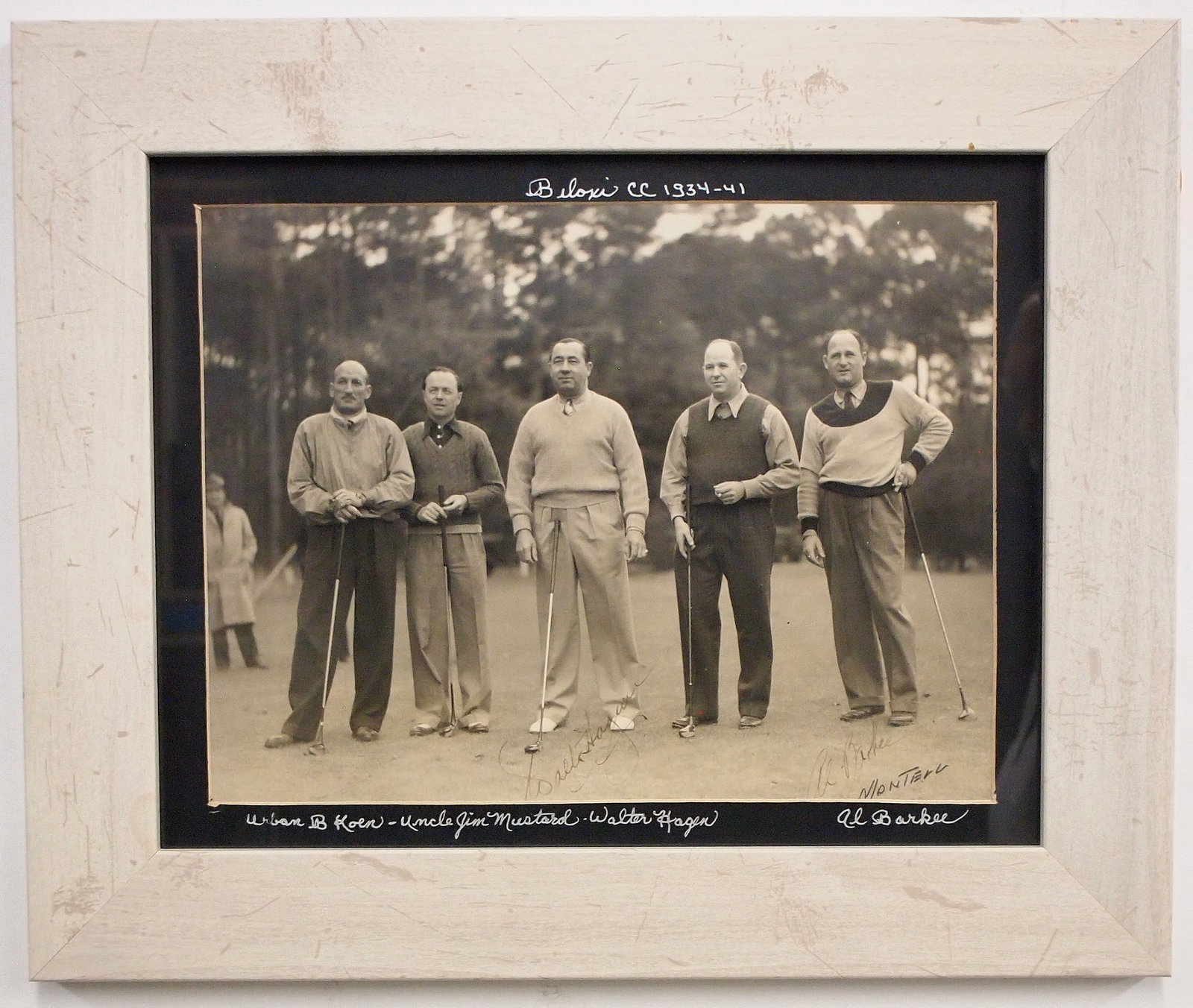 Photo of Walter Hagen & Golfers: An early 20th century photograph of Walter Hagen with fellow golfers at Biloxi Country Club in Mississippi. Black and White image of Hagen photographed with Urban B. Koen, James A. Mustard and Al Barb