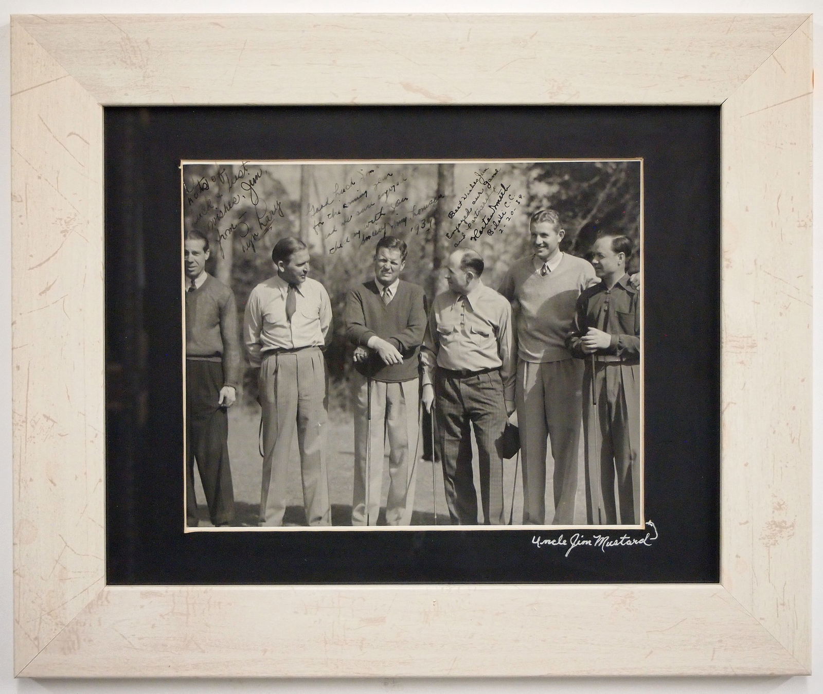 Photo of Professional Athletes: A 1930's photograph of golf and baseball professionals. Black and White image of six men playing golf including Lyn Lary, Jimmy Thomsen, Horton Smith and James A. Mustard. Signed and inscribed "Lots o