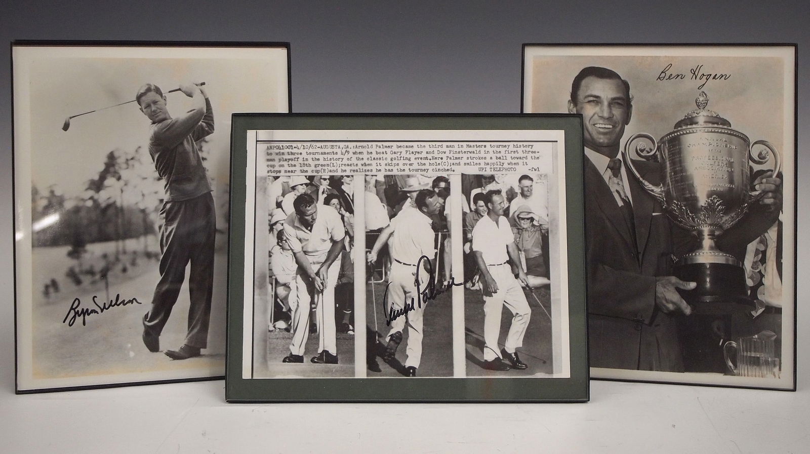 3 Photographs of Golfers: Three vintage photographs of professional golfers. Each signed in marker, includes one of Ben Hogan, Byron Nelson and Arnold Palmer. Hogan and Nelson with COA's. Some toning. Framed 8 x 10" high overa