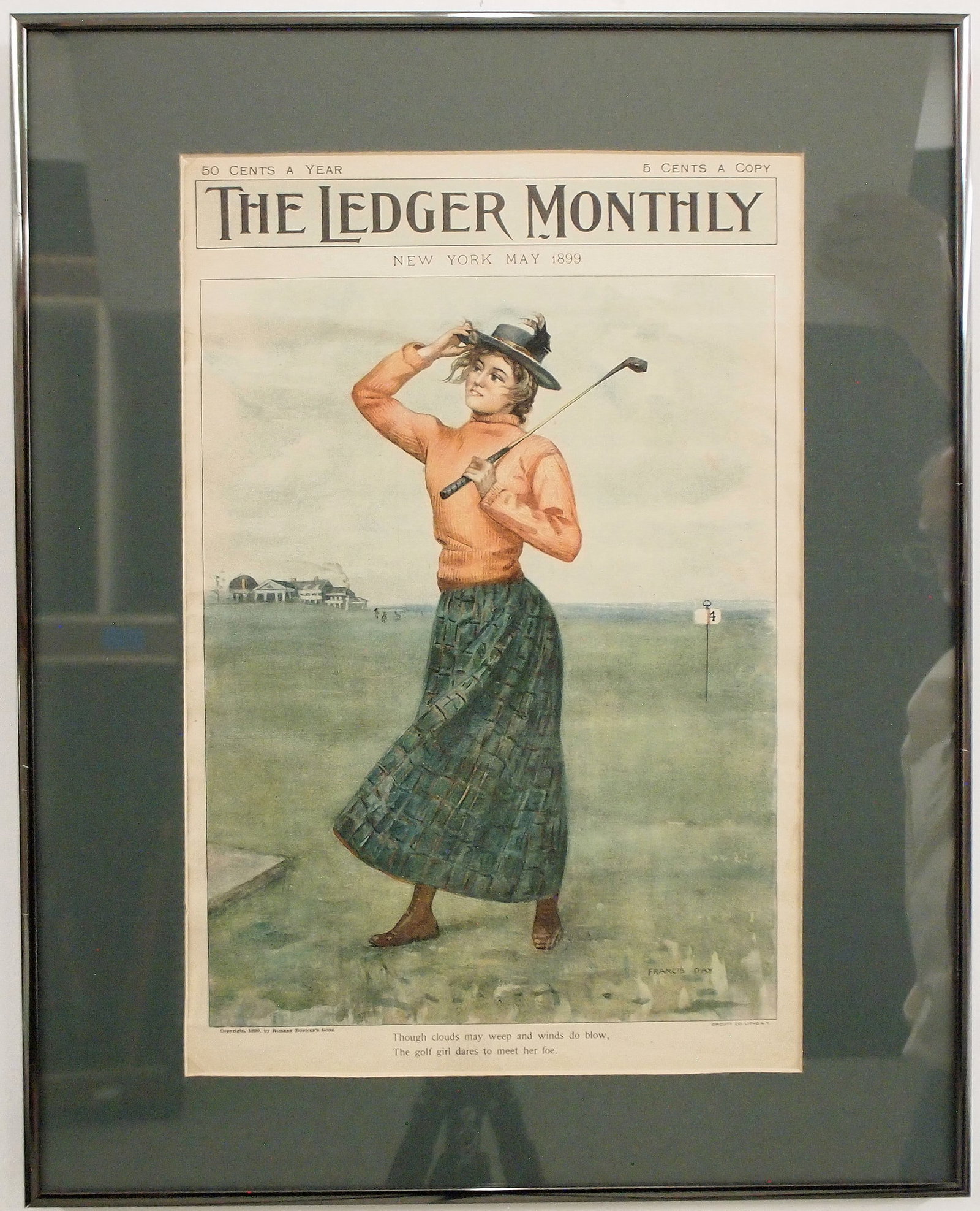 Ledger Monthly Golf Cover: A framed May 1899 cover of The Ledger Monthly magazine featuring an image of a woman golfing after James Francis Day. Reversible frame features a golf themed advertisement for Sapolio Soap verso. Slig