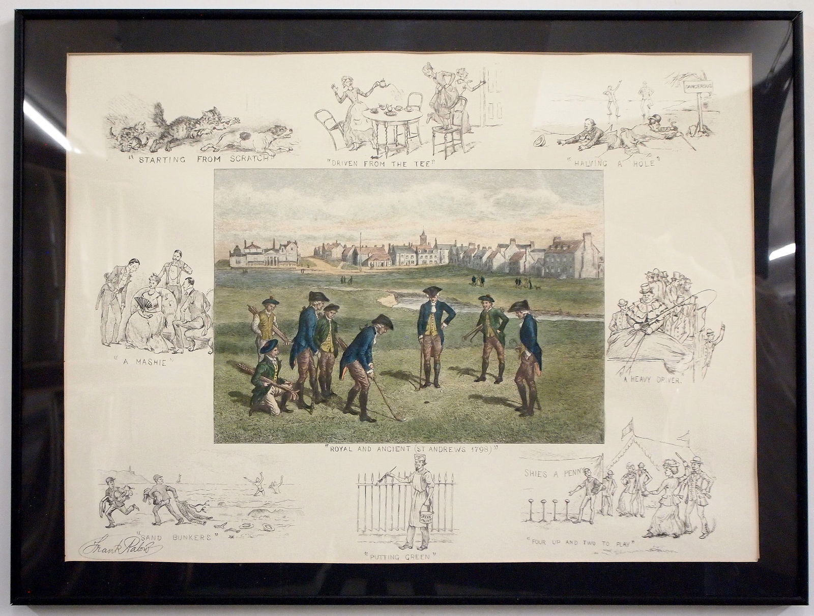 2 English Golf Engravings: Two late 19th century English golf themed engravings on paper with hand-coloring. Includes one titled "Royal and Ancient (St. Andrew's 1798)" by Frank Paton, and one titled "Golf Match on Blackheath"