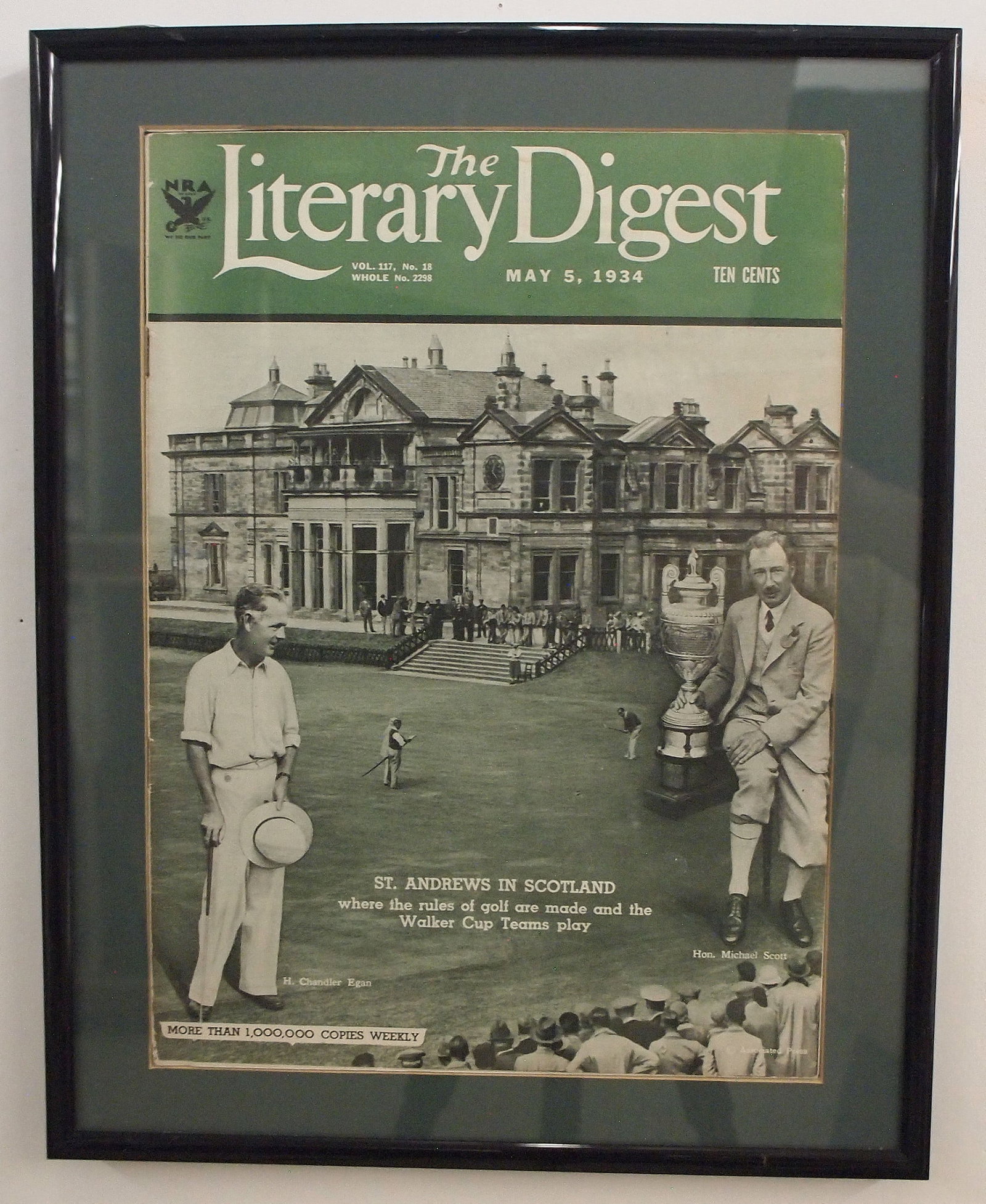 3 Golf Themed Publication Covers: Three framed late 19th and early 20th century golf themed publication covers. Includes a 1891 Golf newspaper, a 1905 Golf Illustrated and a 1934 The Literary Digest. Some wear and minor damage, not ex