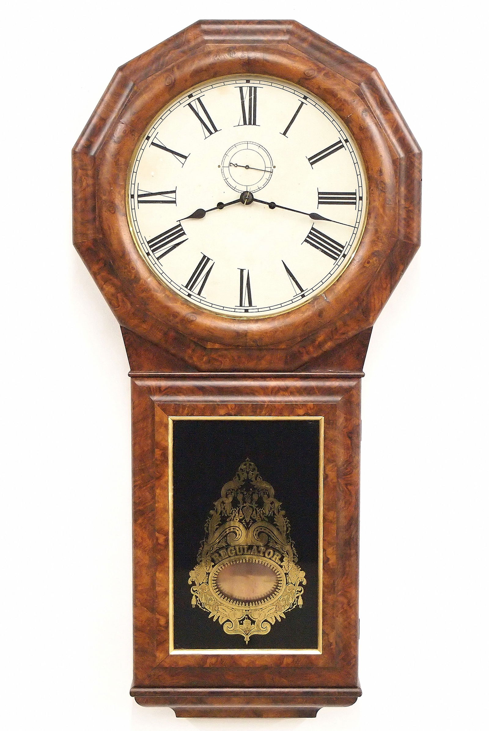 Seth Thomas Regulator No. 1 Extra: A 19th century Seth Thomas Regulator No. 1 Extra model wall clock. 8-day weight driven time and strike movement with painted metal dial and Roman numerals, subsidiary seconds, original gilded pendulum