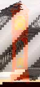 Walter H. Durfee Grandfather clock: A late 19th century grandfather clock by Walter H. Durfee, Providence, R I. 8-day weight driven movement with quarter hour Westminster chiming on nine Durfee stamped tubular bells, arched Brass dial w