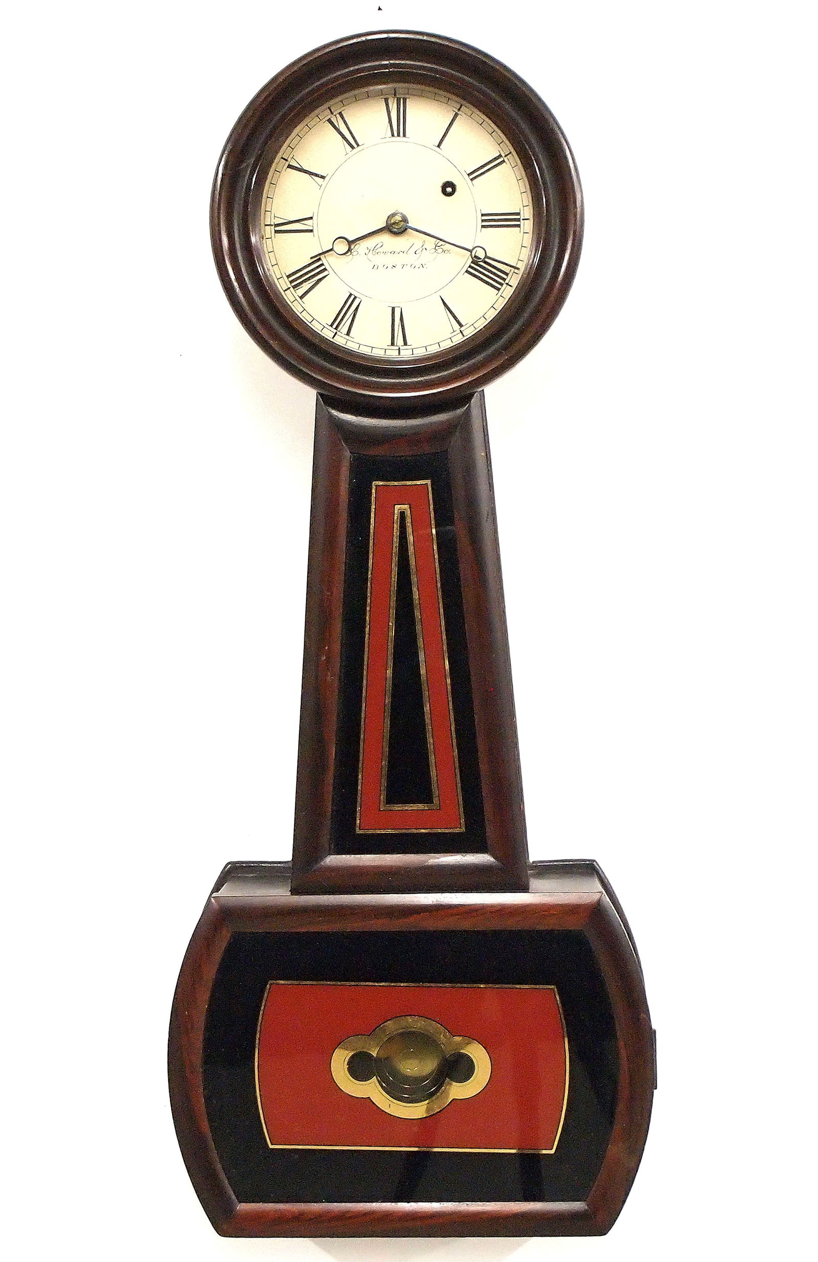 E Howard No. 5 Banjo Clock: A 19th century E. Howard & Co No. 5 model banjo wall clock. 8-day weight driven time only movement with a painted iron dial and Roman numerals marked "E. Howard & Co., Boston". Mixed wood case with th