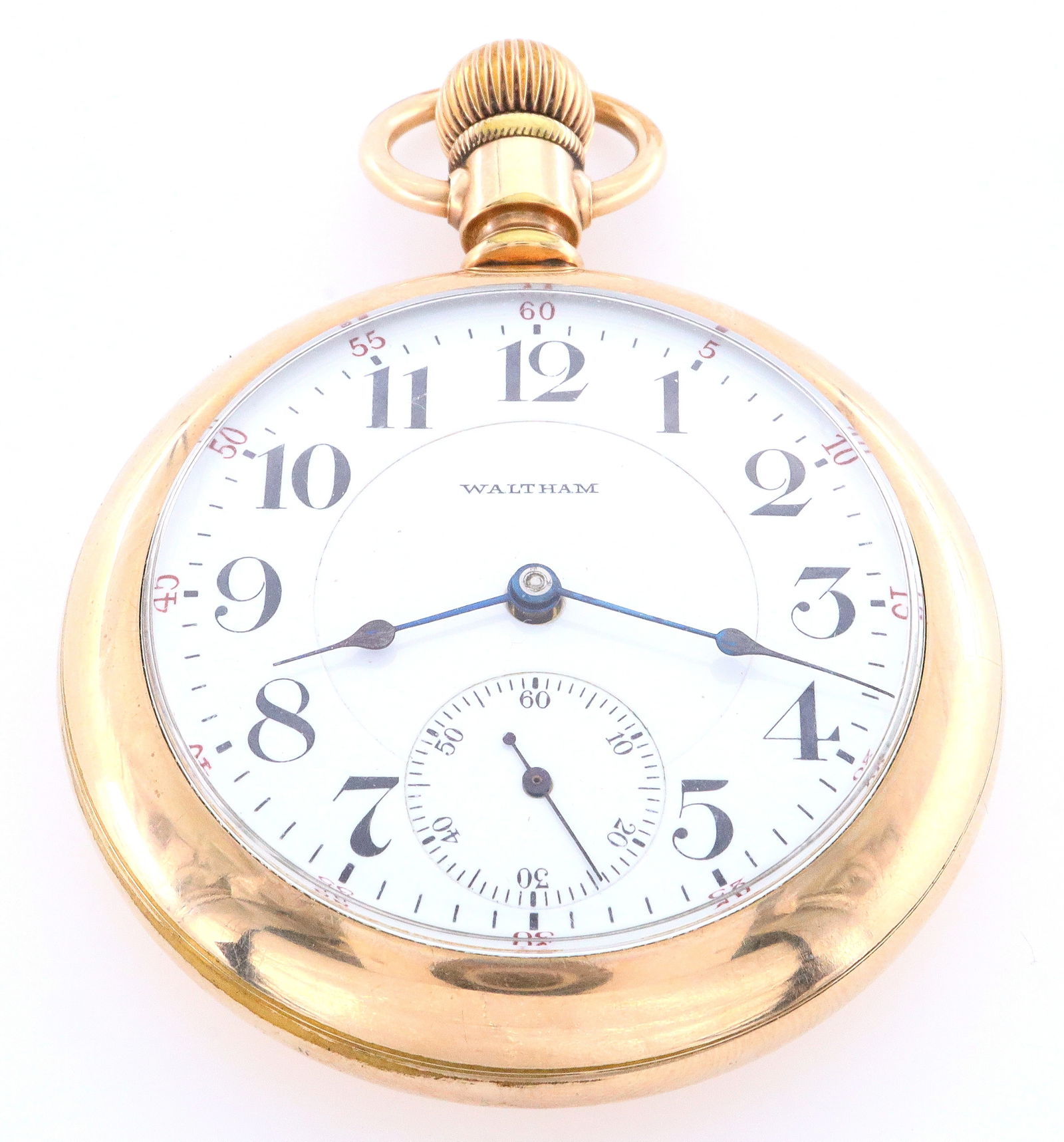 AWW Co. Model 845 Railroad Watch: An American Waltham Watch Company model 845 Railroad watch. 18 size, 15 j, Adj Temp + 5 pos, DR, DMK, SW, LS, Philadelphia Watch Case Co., GF, OF with engraved Locomotive on rear cover, DSD with Arabi