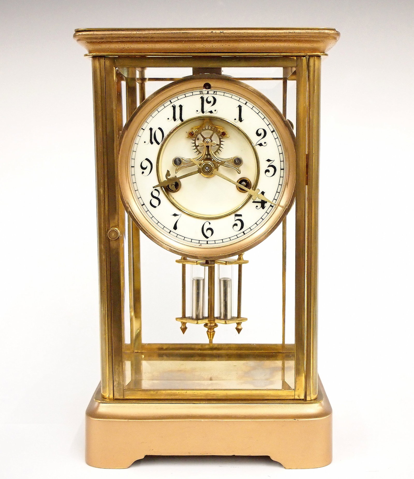 French Crystal Regulator: A turn of the century French Crystal Regulator, by S. Marti, Paris. 8-day time and strike movement with visible escapement, porcelain dial and Arabic numerals, faux mercury pendulum. Brass case with b