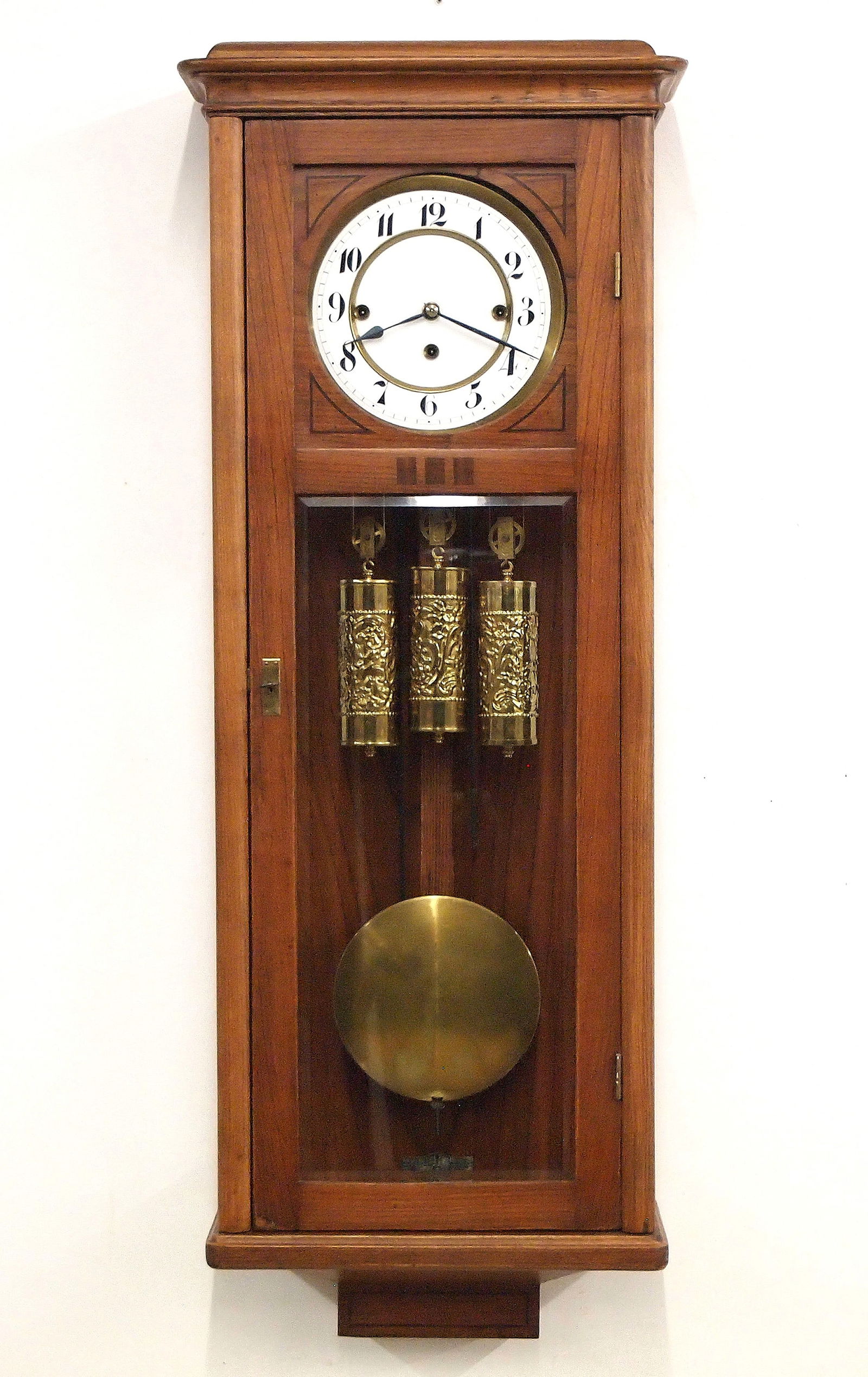 3 Weight Vienna Regulator Wall Clock: A 19th century Vienna Regulator wall clock. 8-day weight driven time and strike movement with quarter hour Grand Sonnerie striking and two-part porcelain dial with Roman numerals. Art Nouveau style Oa