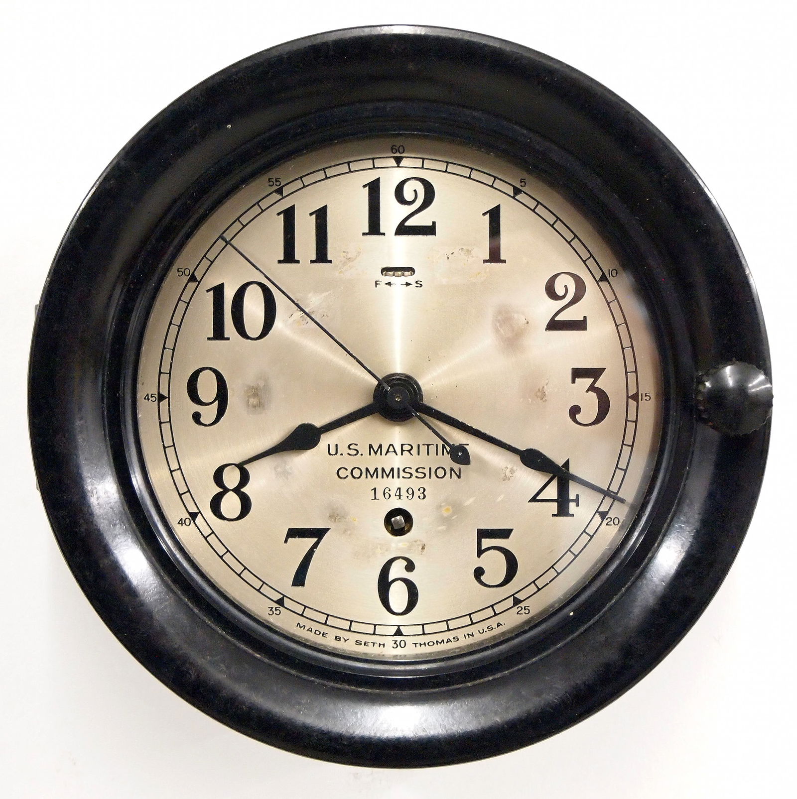 インテリア時計 Seth Thomas US MARITIME COMMISSION Seth Thomas Maritime Clock - Black Metal, 19.5cm Diameter
