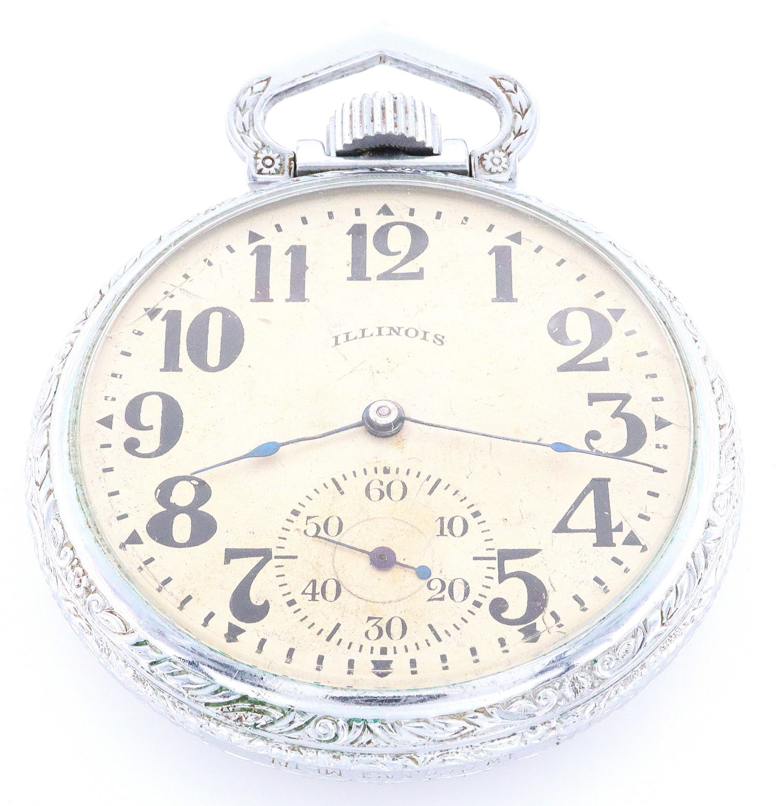 Elgin Pocket Watch: An Elgin pocket watch. 16 size, 11 j, DR, DMK, SW, LS, Illinois Watch Case Co. Nickeled, OF, flat metal dial with Arabic numerals marked "Hamilton", serial #2673932. Some wear, winds, sets and running