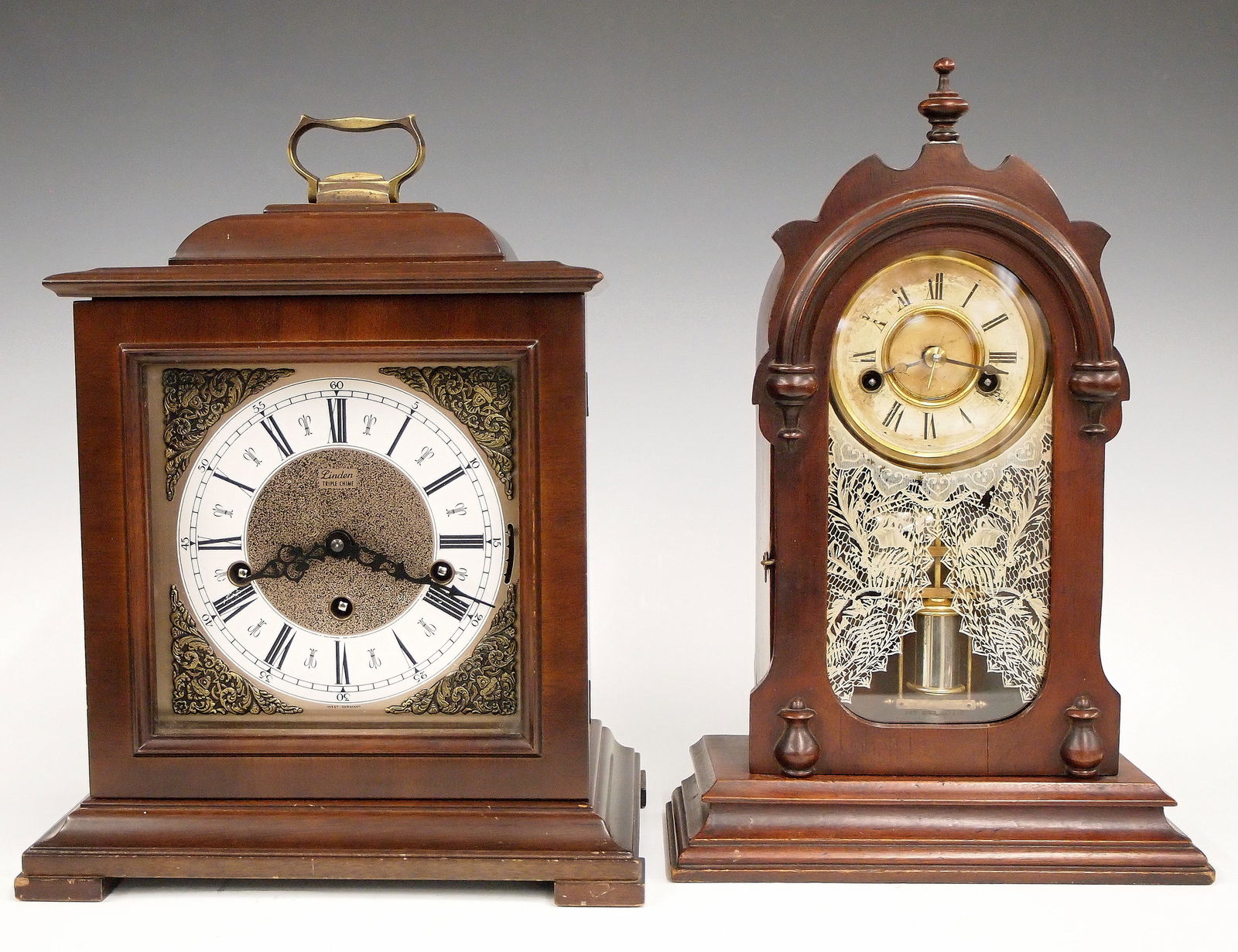 2 Mantel Clocks: Lot of two mantel clocks. Includes an Ansonia 30-hr Cottage clock and a Linden "Triple Chime" 8-day with quarter hour chime with balance wheel escapement. Original finishes with some wear, running whe