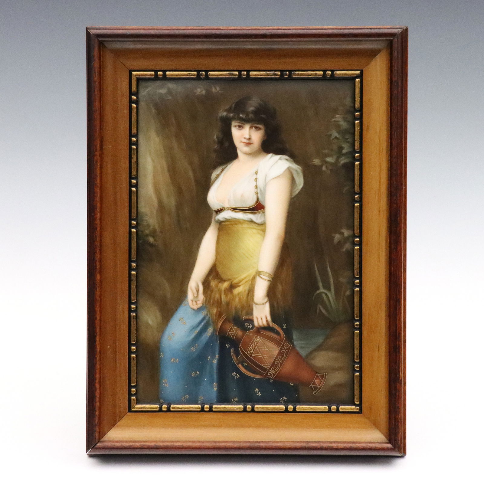 KPM Porcelain Plaque after Landelle: A turn of the century KPM porcelain plaque after Charles Zacharie Landelle. Hand-painted Orientalist depiction of young woman standing with amphora in hand. Impressed "KPM" with Sceptre mark, signed w