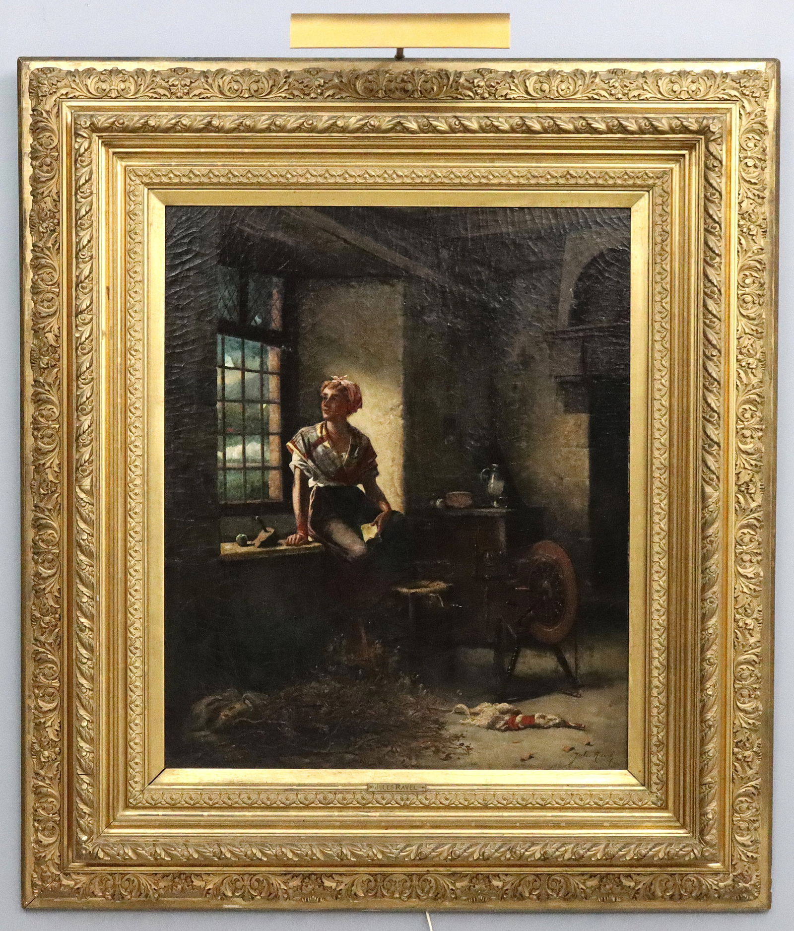 Jules Ravel Interior Scene: Jules Hippolyte Ravel, French, 1826-1898. A 19th century oil on canvas interior scene with chiaroscuro technique. Depicts a seated young woman gazing out a window, bathed in the waning afternoon light
