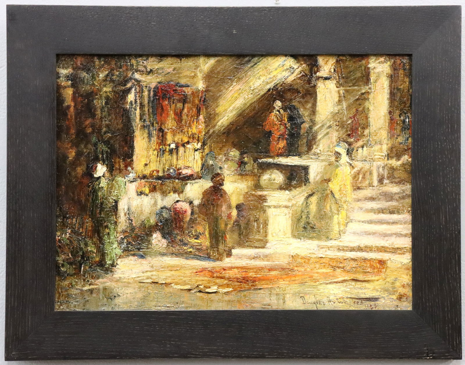 D.A. Teed Market Scene: Douglas Arthur Teed, American (Detroit), 1860-1929. A 1920's oil on canvas market scene in the Orientalist tradition. Depicts figures throughout a bazaar with pottery and textiles, set against an arch