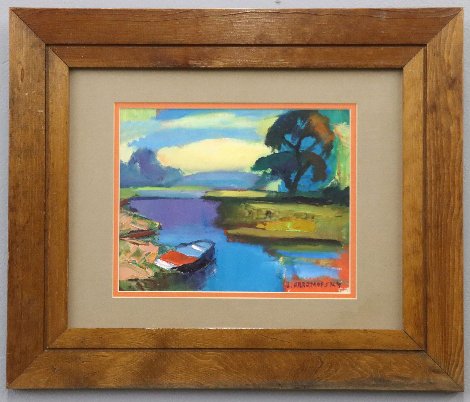 Israel Abramofsky Landscape: Israel Abramofsky, Russian/American (Toledo, OH), 1888-1975. A mid 20th century oil on artist board landscape. Depicts a lone fishing boat moored at a river's edge with clouds and trees in the distanc