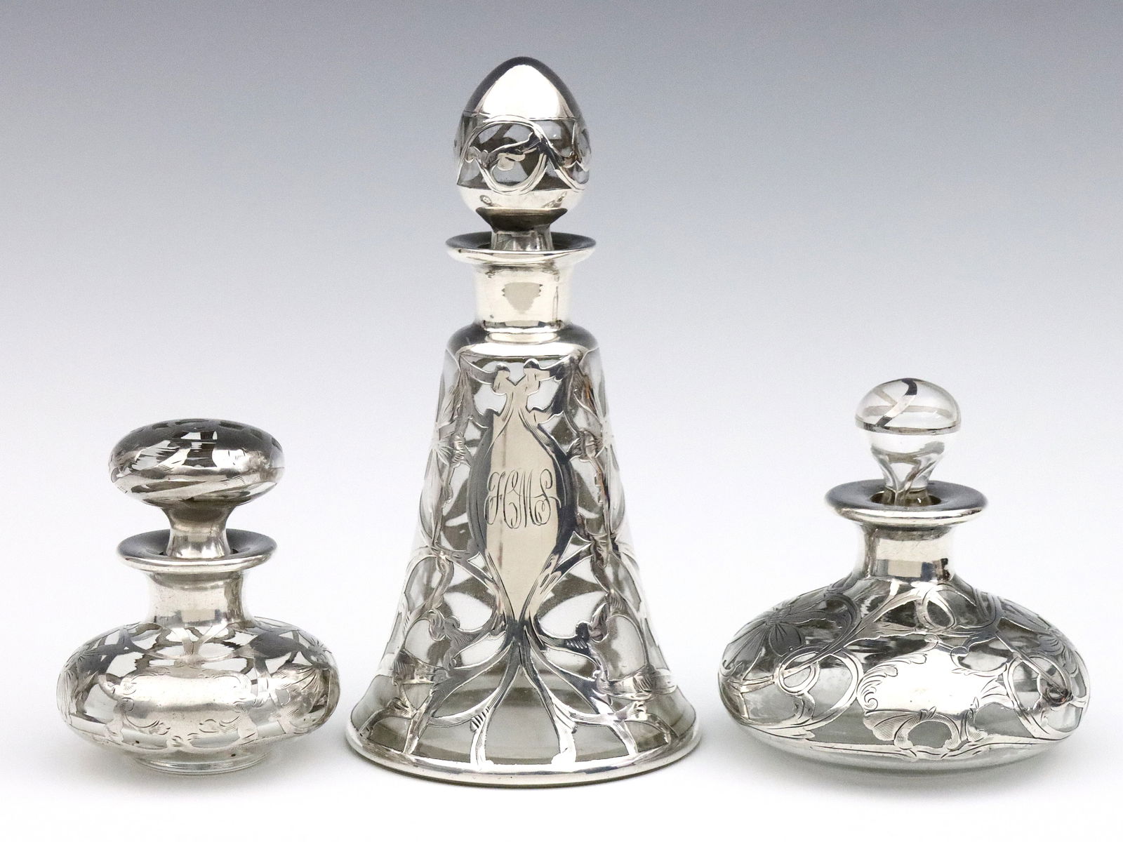 3 Art Nouveau Sterling Overlay Perfume Bottles (1 of 2)