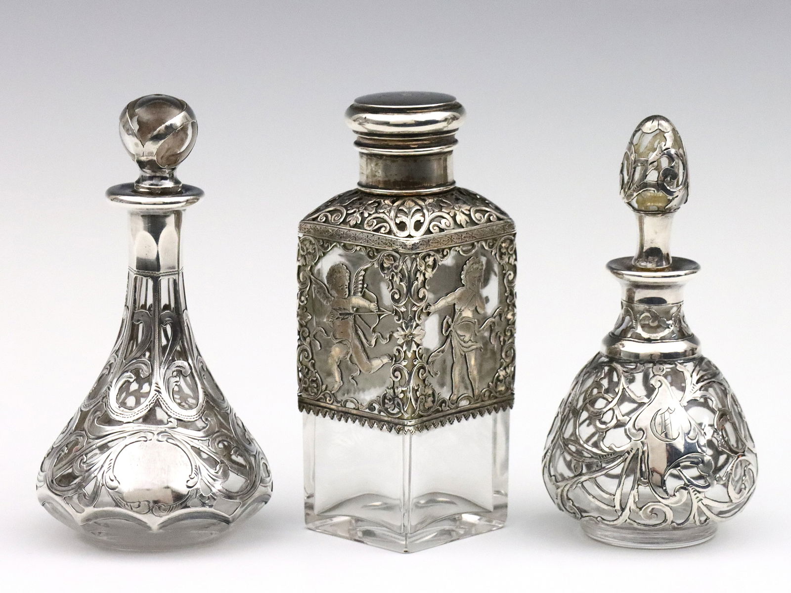 3 Art Nouveau Sterling Overlay Perfume Bottles (1 of 2)