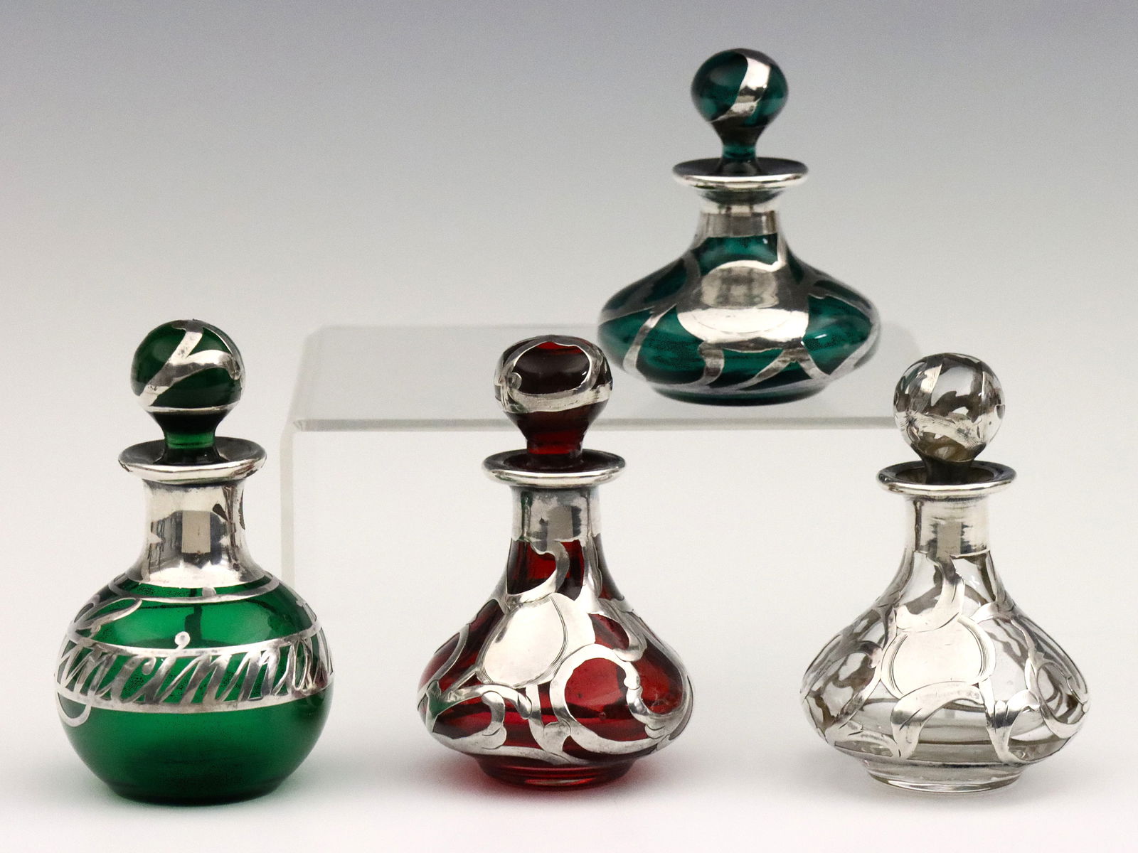 4 Art Nouveau Sterling Overlay Perfume Bottles (1 of 2)