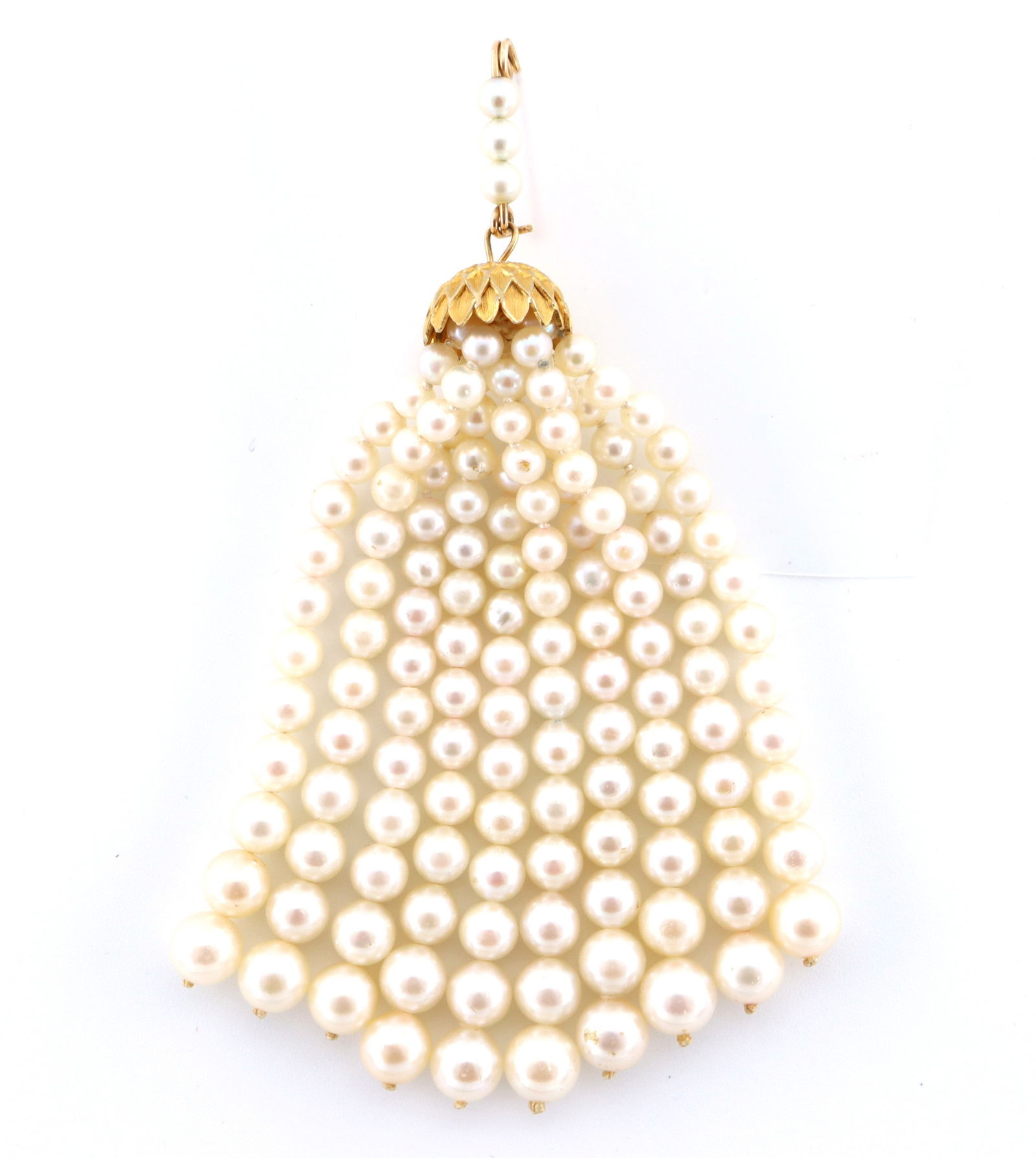 14k Gold & Pearl Necklace Enhancer: A multi-strand Pearl tassel necklace enhancer with 14k Gold clasp. Features ten strands of round graduated natural Pearls, averaging 4.2 to 6.3 mm, held by a domed 14k Gold clasp. Unmarked, tested 14k