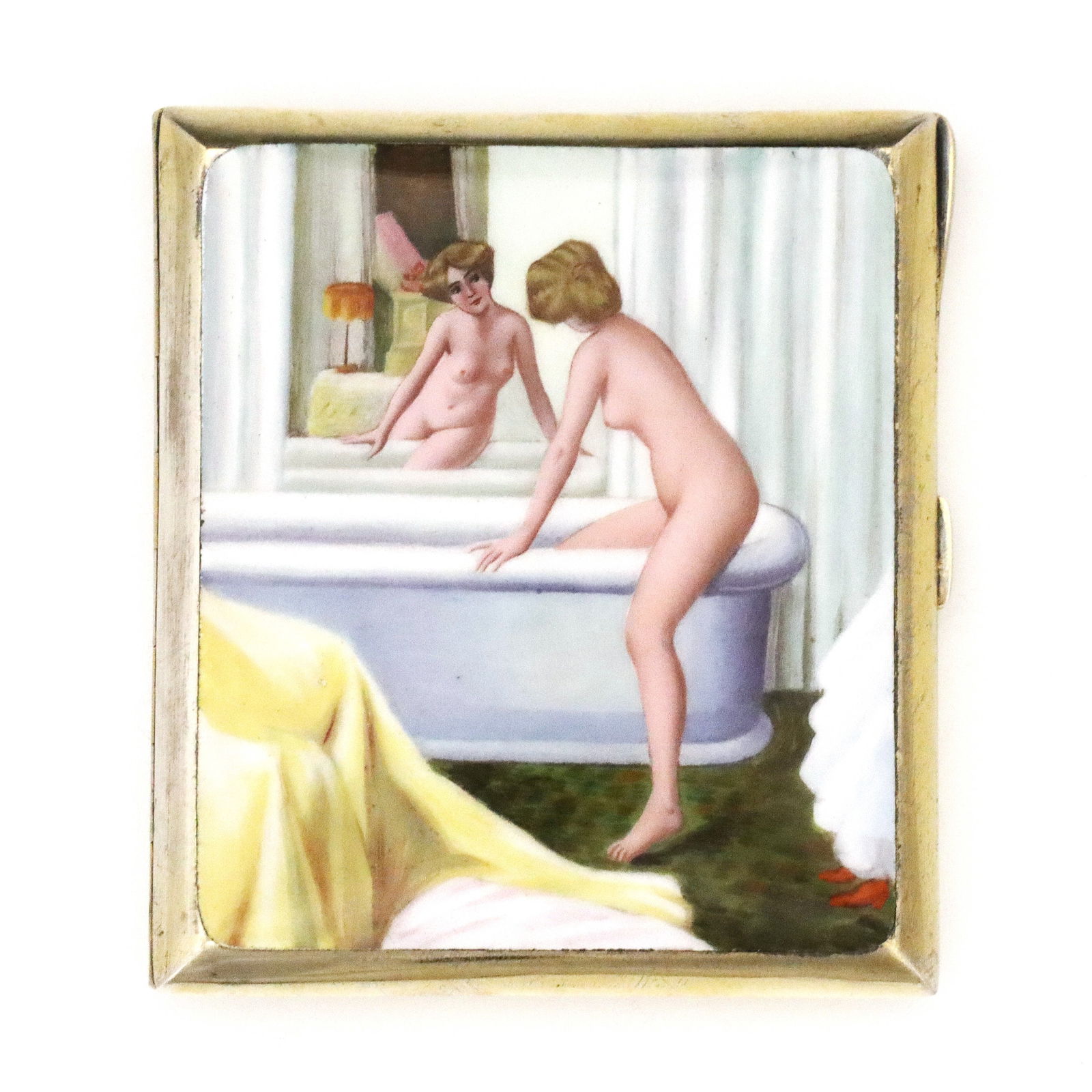 German Nude Cigarette Case: A turn of the century German enameled Alpacca Silver cigarette case. Rectangular hinged case with a hand-enameled portrait of a nude woman climbing into a bathtub at the lid. Marked "Alpacca" (Nickel