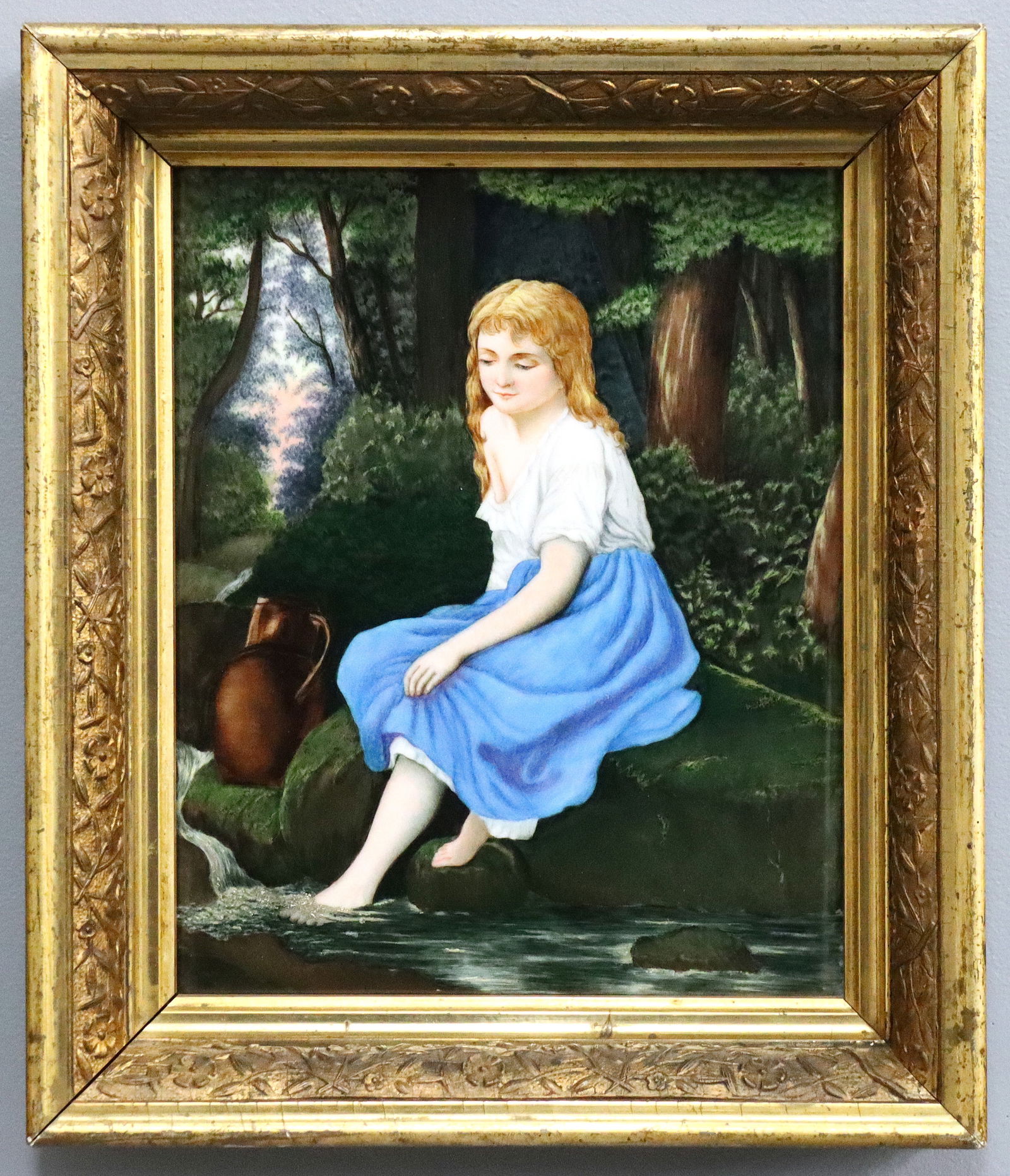 German Porcelain Plaque After M. Von Bremen: A turn of the century German porcelain plaque after Meyer Von Bremen (German, 1813-1886). Hand-painted depiction of a young girl dipping her feet in a stream while gathering water. Unmarked, artist in