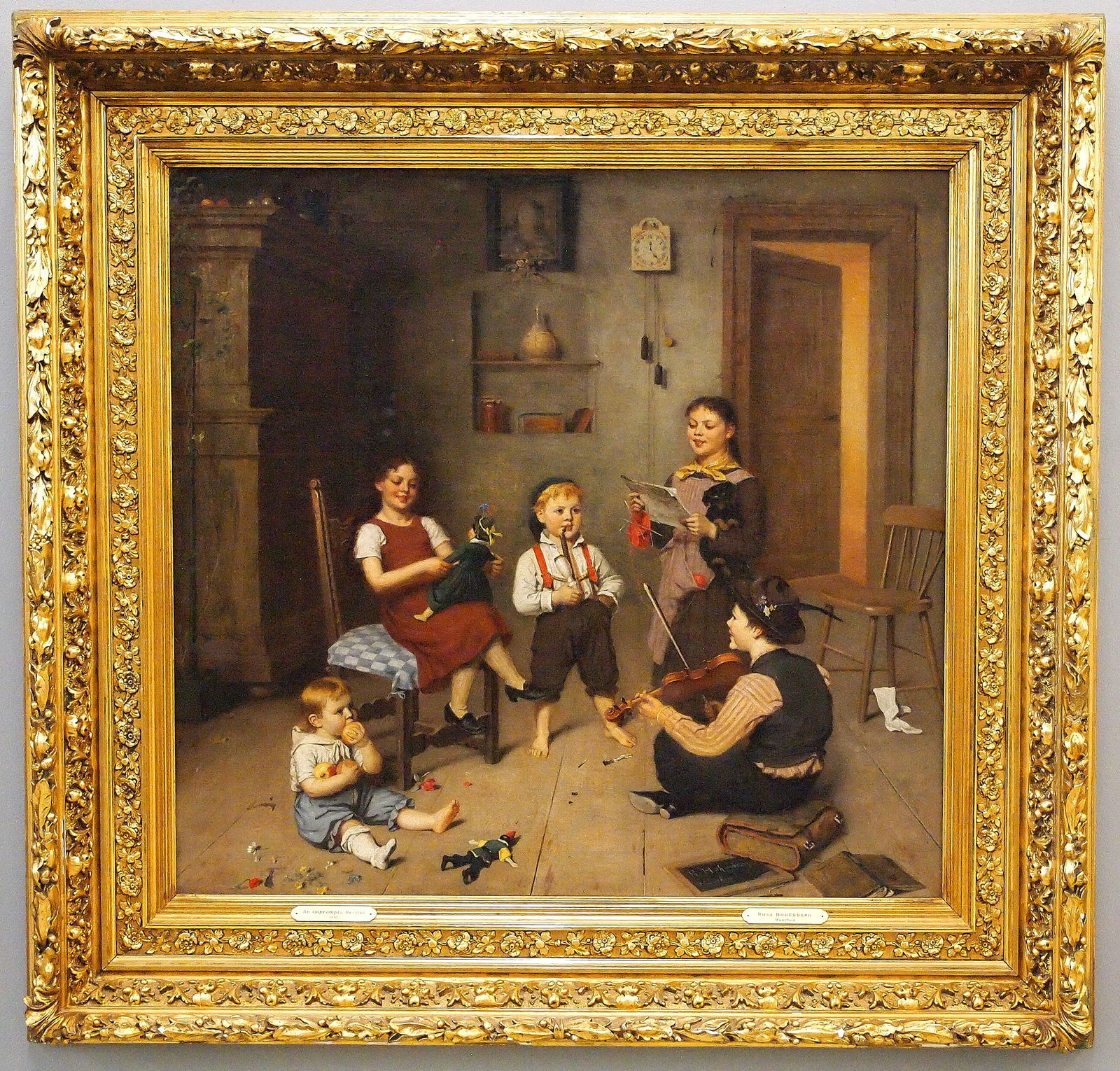 Rosa Hohenberg Genre Scene: Rosa Hohenberg, German, b. 1852. An oil on canvas genre scene with young children playing in a 19th century interior. Signed and annotated "R. Hohenberg, Munchen" lower right. Light overall craquelure