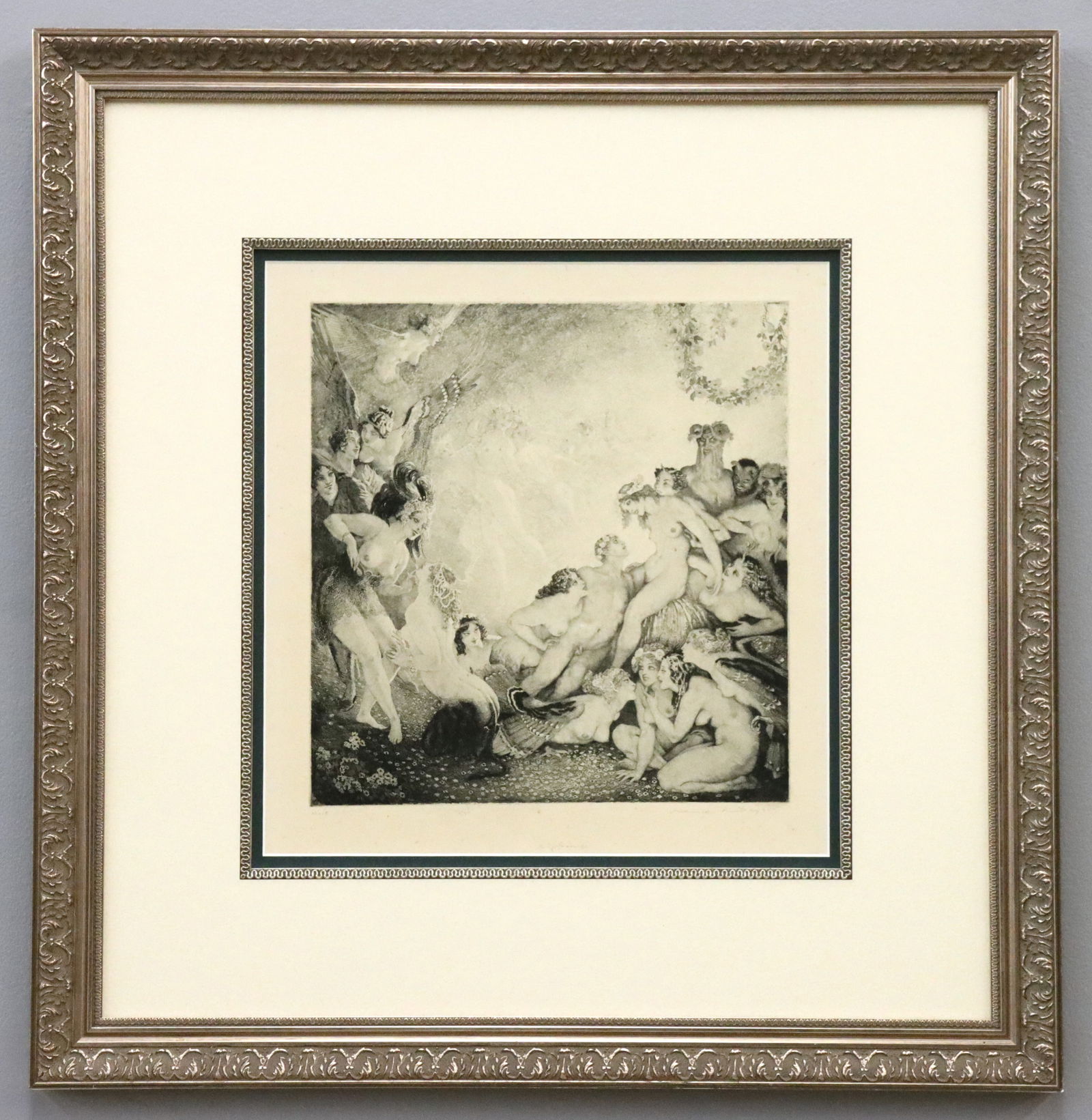 Norman Lindsay Adolescence Etching: Norman Lindsay, Australian, 1879-1969. An etching, engraving and stipple on paper, titled "Adolescence", 1923. Depicts a Bacchanalian scene with Satyrs, Harpies and other mythological creatures. Signe