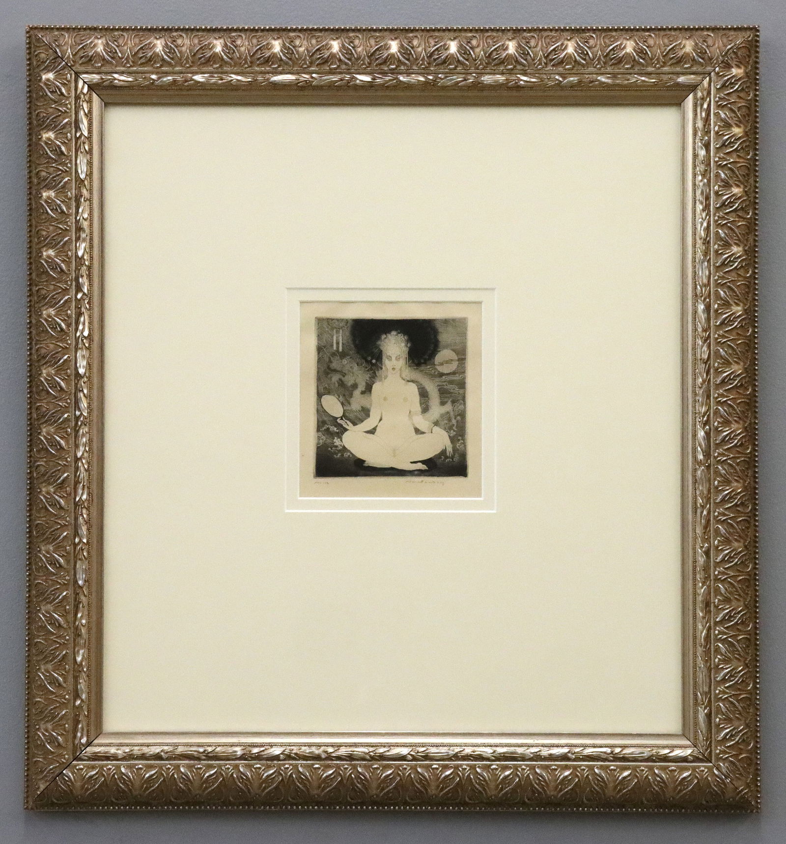 Norman Lindsay Yellow Lady Etching: Norman Lindsay, Australian, 1879-1969. An etching, engraving and stipple on paper, titled "The Yellow Lady", 1922. Depicts an Orientalist view of a nude woman wearing a headdress with mirror in hand,