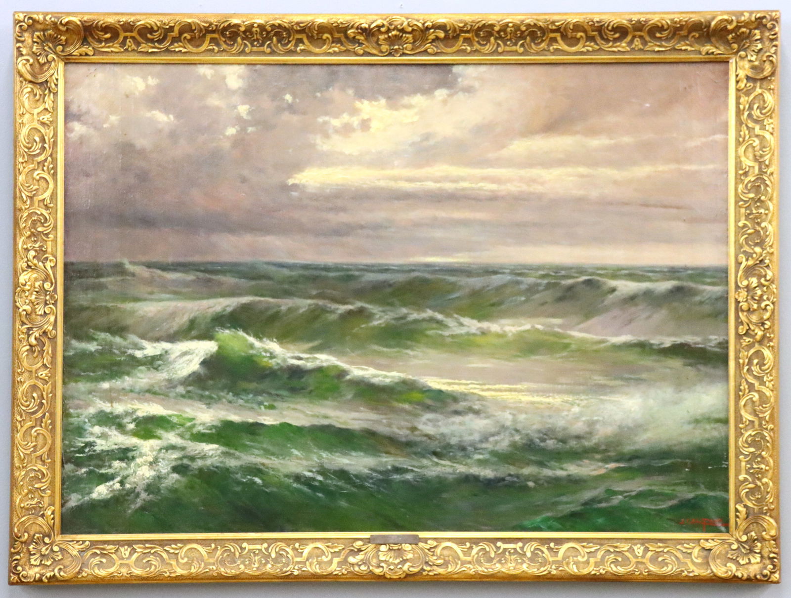 J.E. Califano Seascape: John Edmund Califano, Italian/American, 1862-1946. An oil on canvas seascape depicting tumultuous waves in shades of Blue, Green, and Purple with White accents. Signed "J. Califano" lower right. 