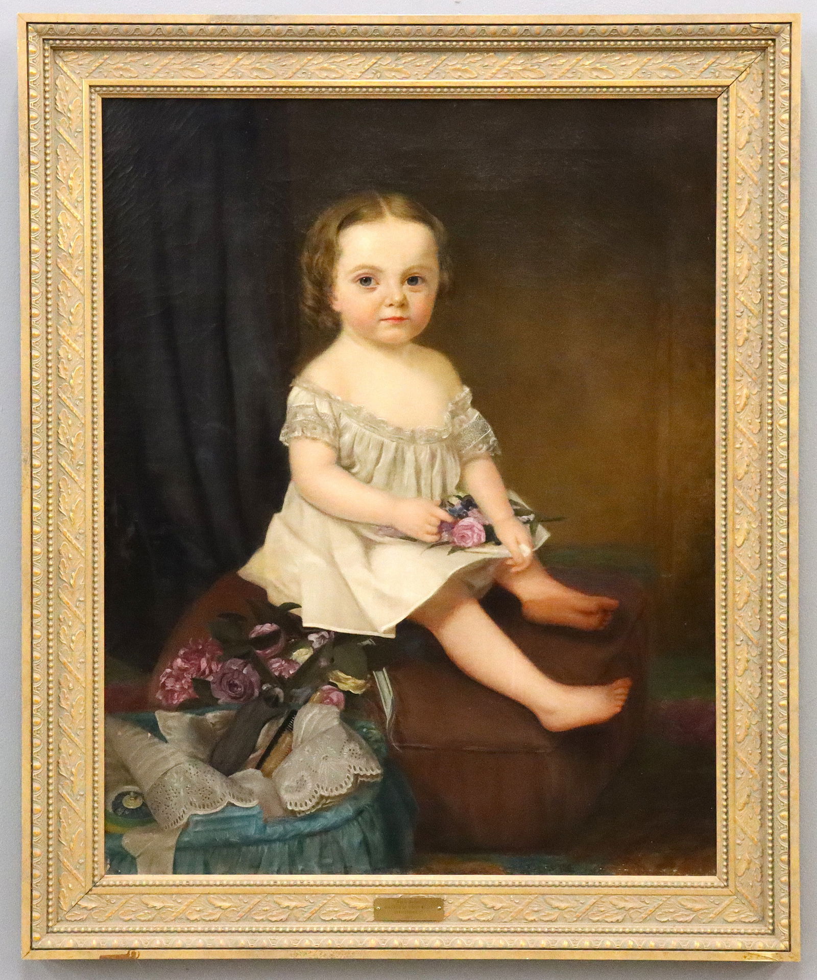 American Oil Portrait of a Girl: A 19th century American portrait of a girl. An oil on canvas portrait of a girl depicted full length, seated with flowers in her lap and beside her. Unsigned, "Goupil & Co." (New York) retailer
