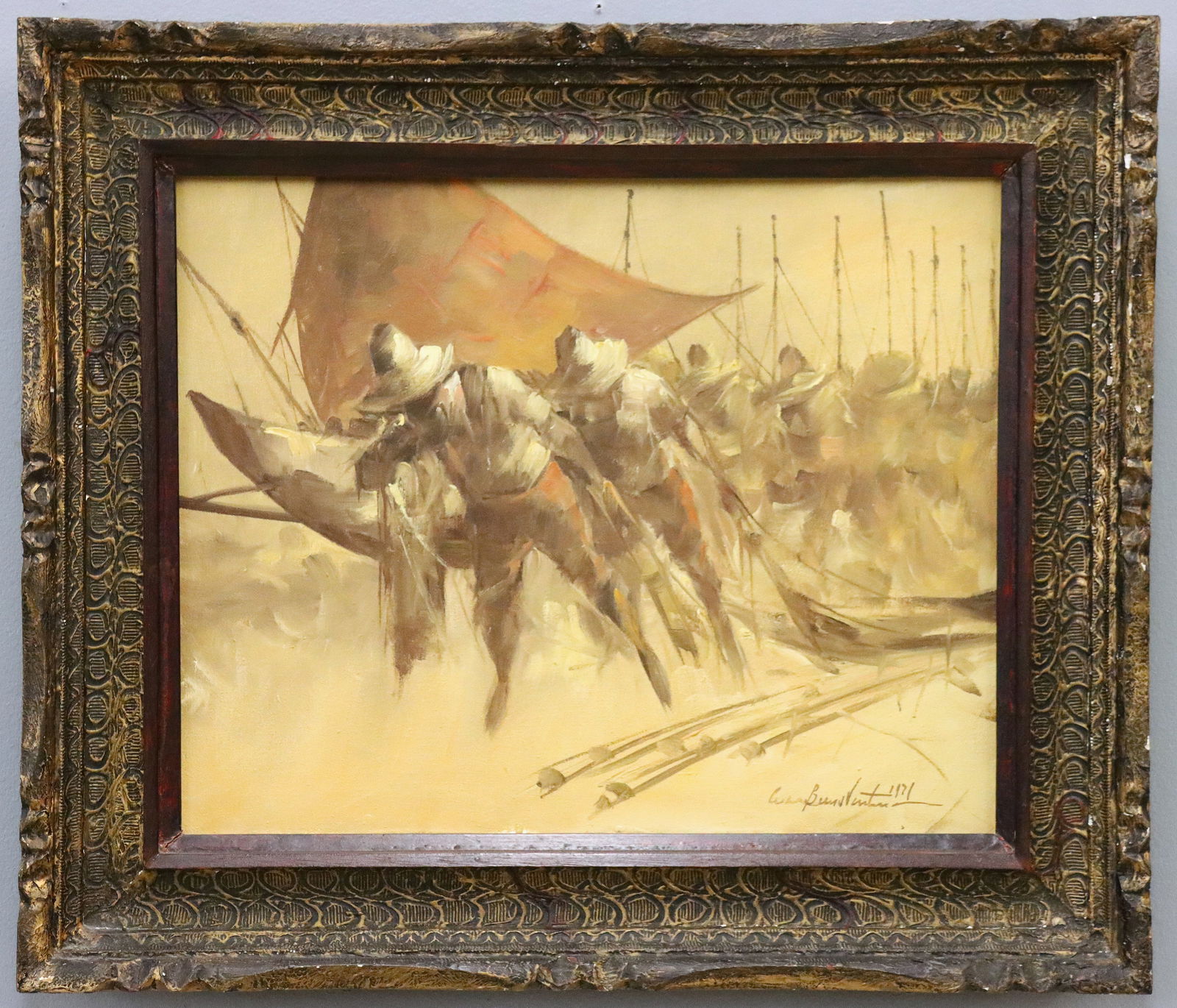 Cesar Buenaventura Fisherman Scene: Cesar Buenaventura, Filipino, 1922-1983. A 1970's oil on canvas harbor scene depicting a monochromatic image of fisherman carrying their boats from the shore to the sea. Signed and dated "Cesar