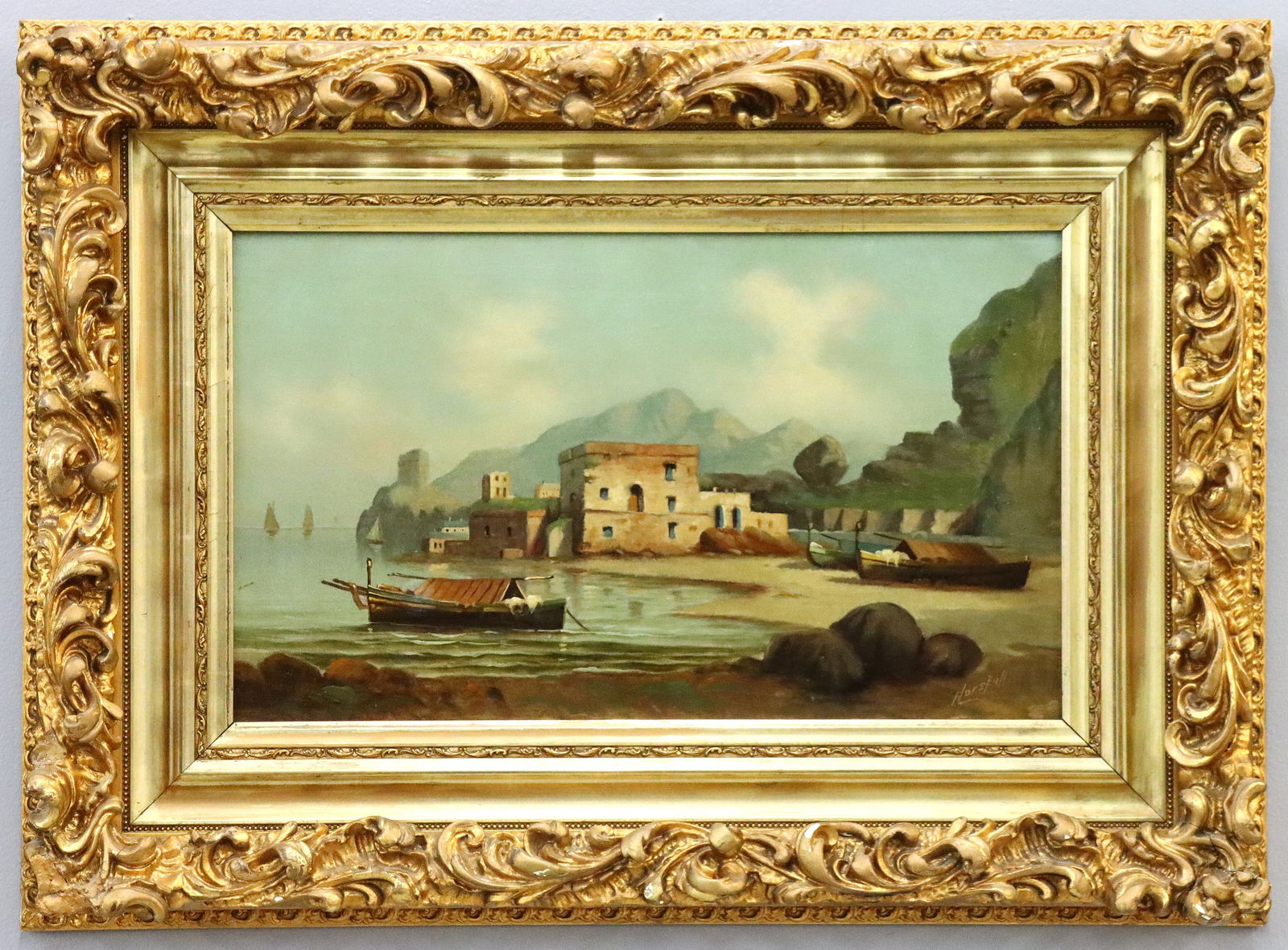 Horsfall European Harbor Scene: A 19th century oil on canvas harbor scene. Depicts a Mediterranean village with fishing boats in the harbor and at shore. Signed "Horsfall" lower right (n.d.), retains a label from "Wright's Fine