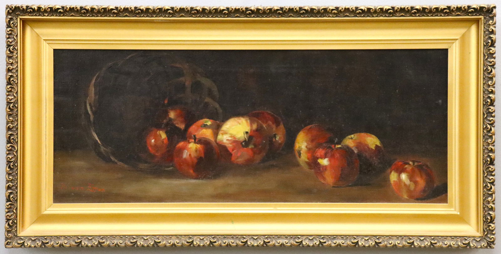Still Life with Apples: A turn of the century oil on canvas still life of apples. Depicts a basket on its side spilling apples out across a table. Signed "M. von Etton" (n.d.) lower left. Minor wear overall. Canvas is 30 18