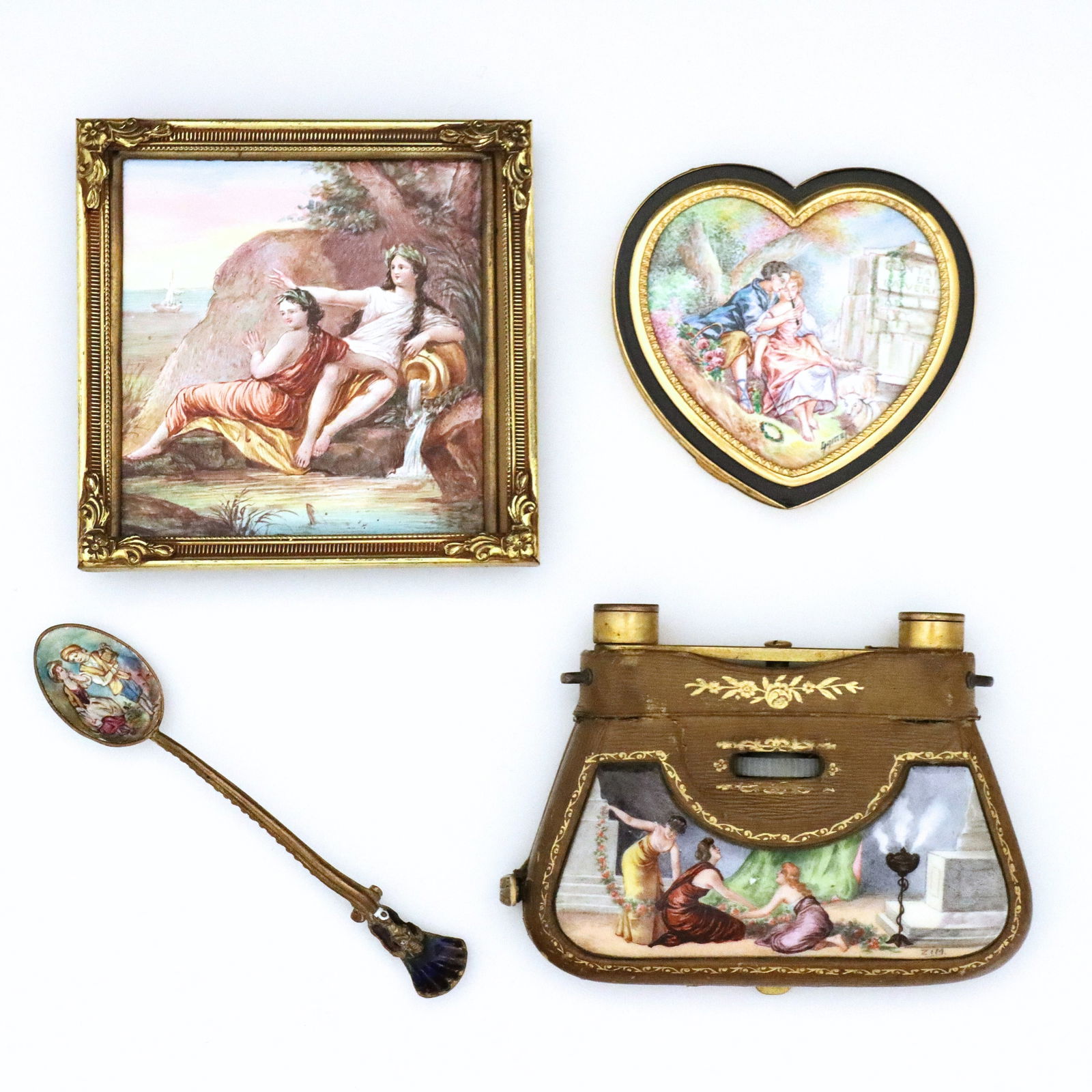 4 Continental Enameled Items: Four turn of the century Continental enameled items. Hand-enameled decoration depicting Neoclassical and Romantic scenes, includes a pair of G.E. Pryor opera glasses with clamshell case, a framed scen