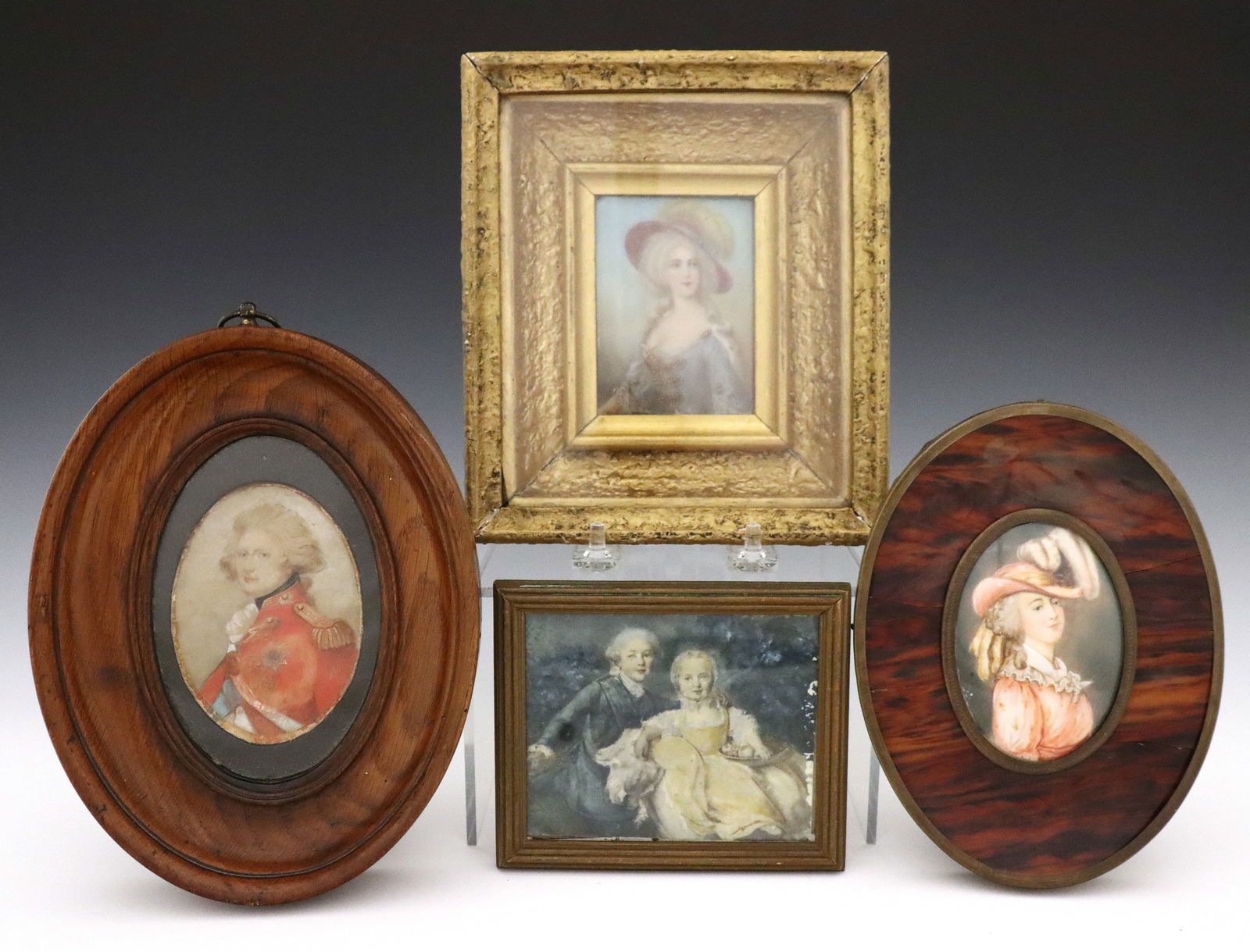 4 Miniature Portraits: Four late 18th to 19th century miniature painted portraits. Includes one of a woman wearing a Blue gown and Pink hat artist signed "Cosway" attributed to Richard Cosway (British, 1742-1821), one of a