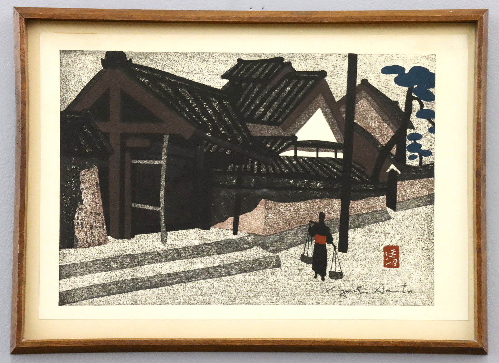 Kiyoshi Saito Water Carrier Woodblock: Kiyoshi Saito, Japanese, 1907-1997. A woodblock in colors on paper, entitled "Water Carrier". Signed "Kiyoshi Saito" within the image in ink at the lower right below artist's seal in Red, Allen