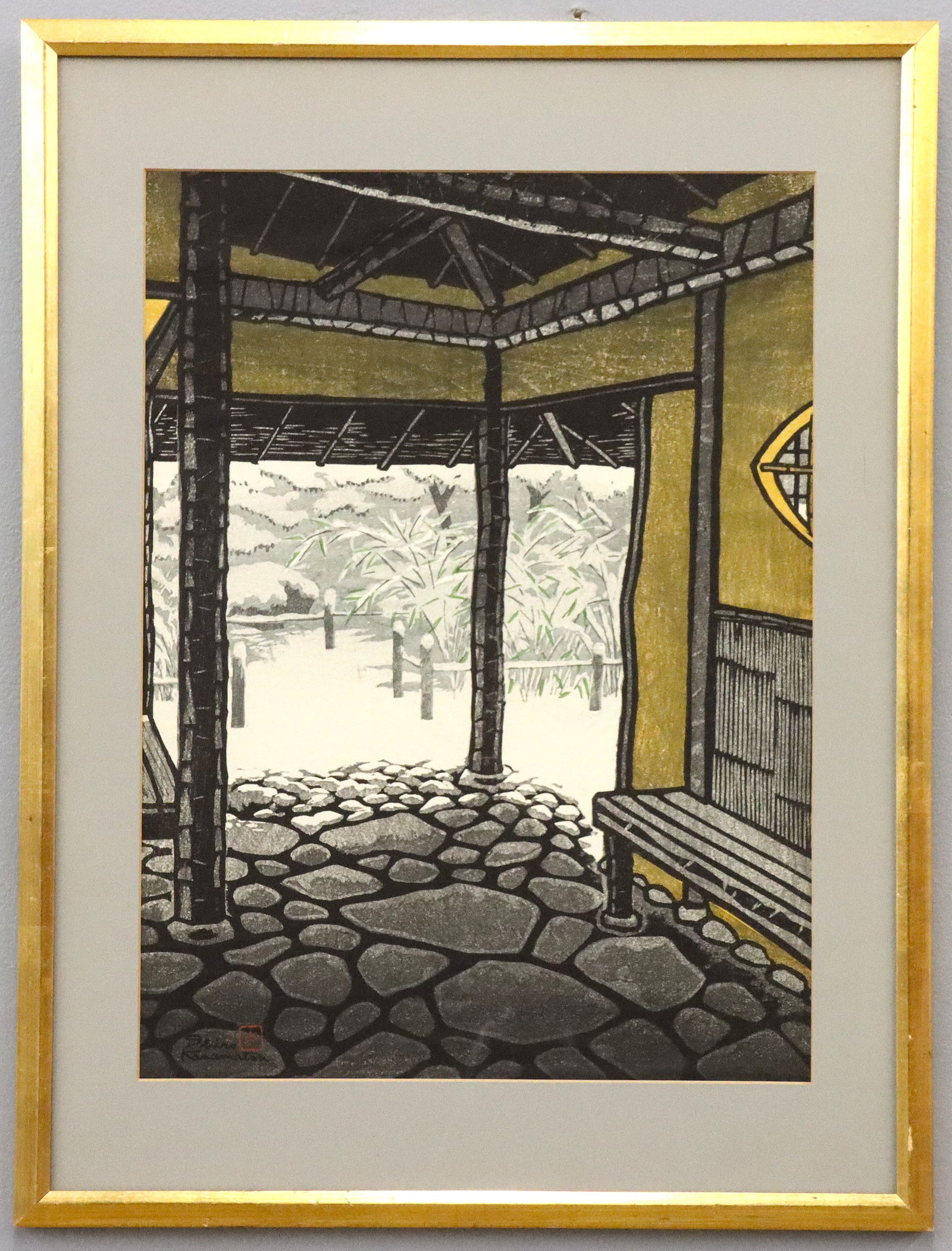 Shiro Kasamatsu Woodblock Arbour in the Snow: Shiro Kasamatsu, Japanese, 1898-1991. A woodblock in colors on paper, entitled "Arbour in the Snow". Designed and published by the artist with signature in black and red artist's seal within the image
