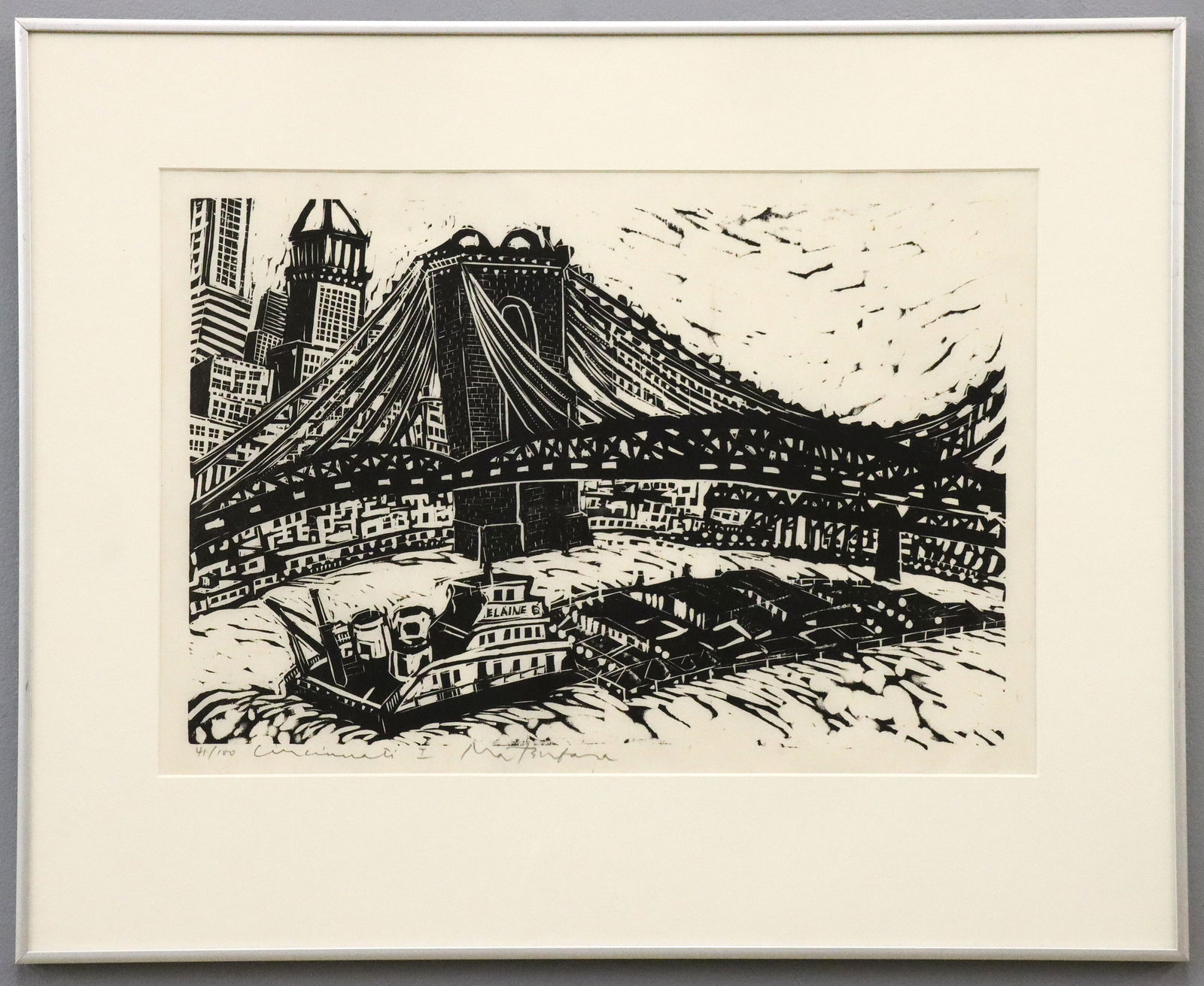 Naoko Matsubara Cincinnati I Woodblock: Naoko Matsubara, Japanese/Canadian, b. 1937. A Black and White woodblock on paper, entitled "Cincinnati I". Depicts the city's skyline, the bridge, and a barge on the river. Signed "Naoko Matsubara",