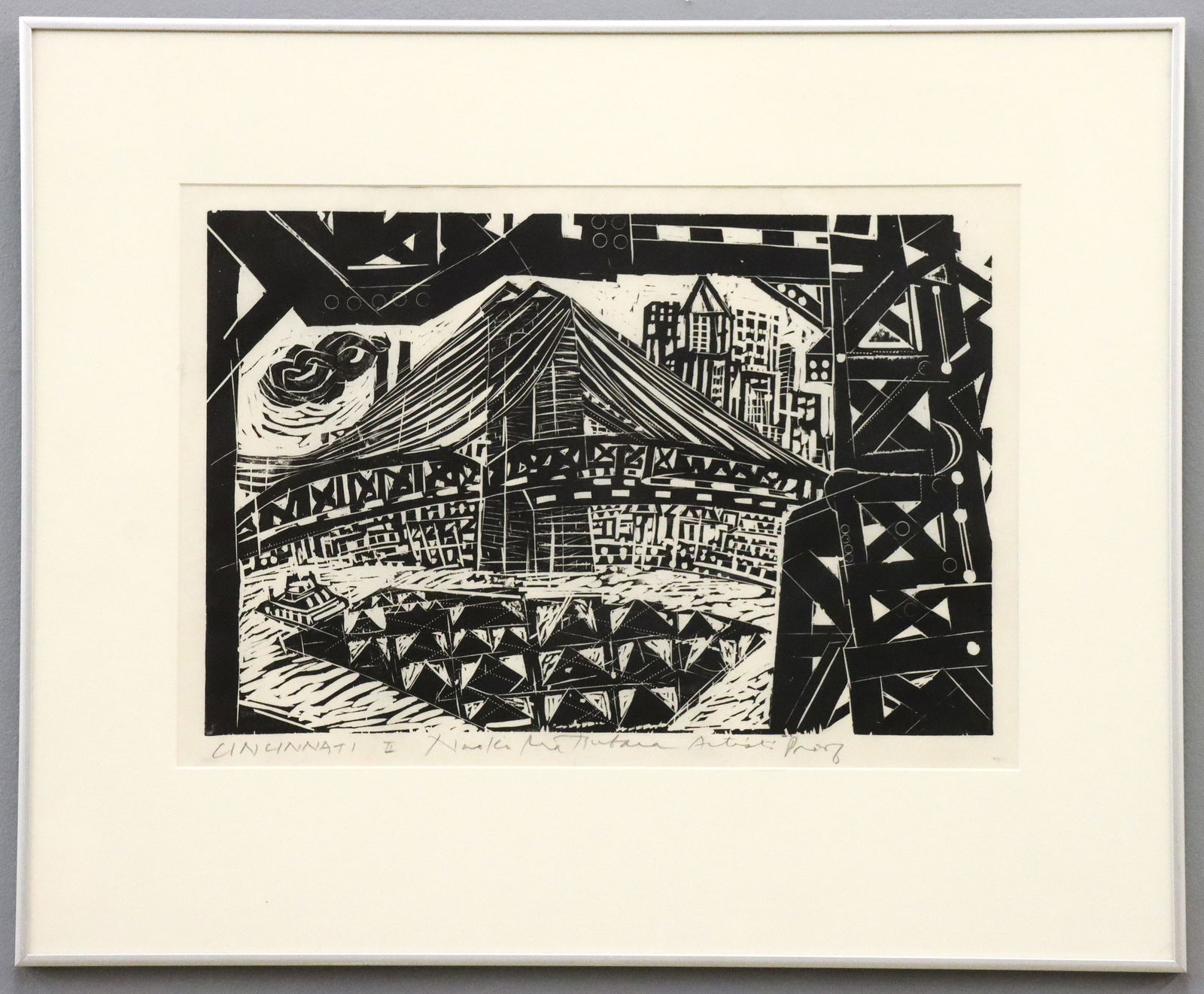 Naoko Matsubara Cincinnati II Woodblock: Naoko Matsubara, Japanese/Canadian, b. 1937. A Black and White woodblock on paper, entitled "Cincinnati II". Depicts the city's skyline, the bridge, and a barge on the river. Signed "Naoko