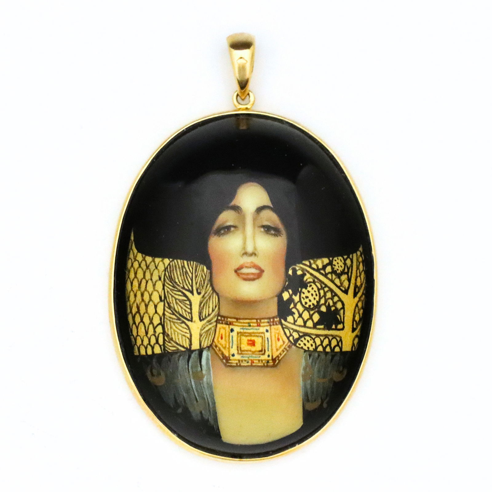 Klimt 14k Gold Lacquer Pendant: A vintage Russian 14k Gold lacquer necklace pendant after Gustav Klimt. Oval form with enameled lacquer miniature after "Judith I" by Klimt set in a 14k Gold frame. Marked "14k" and "585". Unworn,