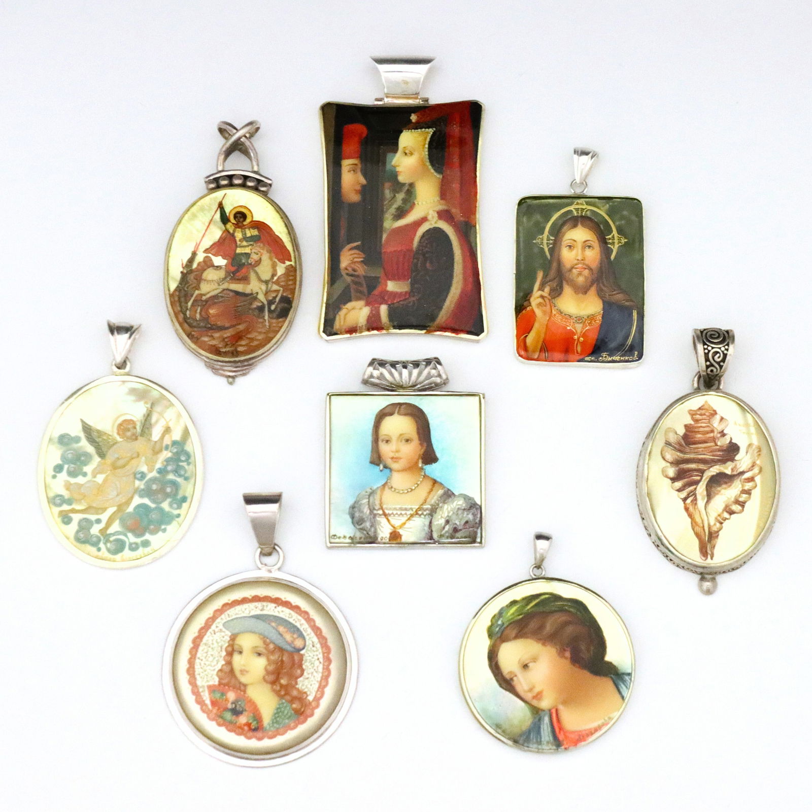 8 Russian Sterling Lacquer Pendants: Eight vintage Russian Sterling Silver lacquer necklace pendants. Various forms with enameled miniatures set in Sterling Silver frames. Seven signed by the artist, pendants marked "925" or "Sterling".