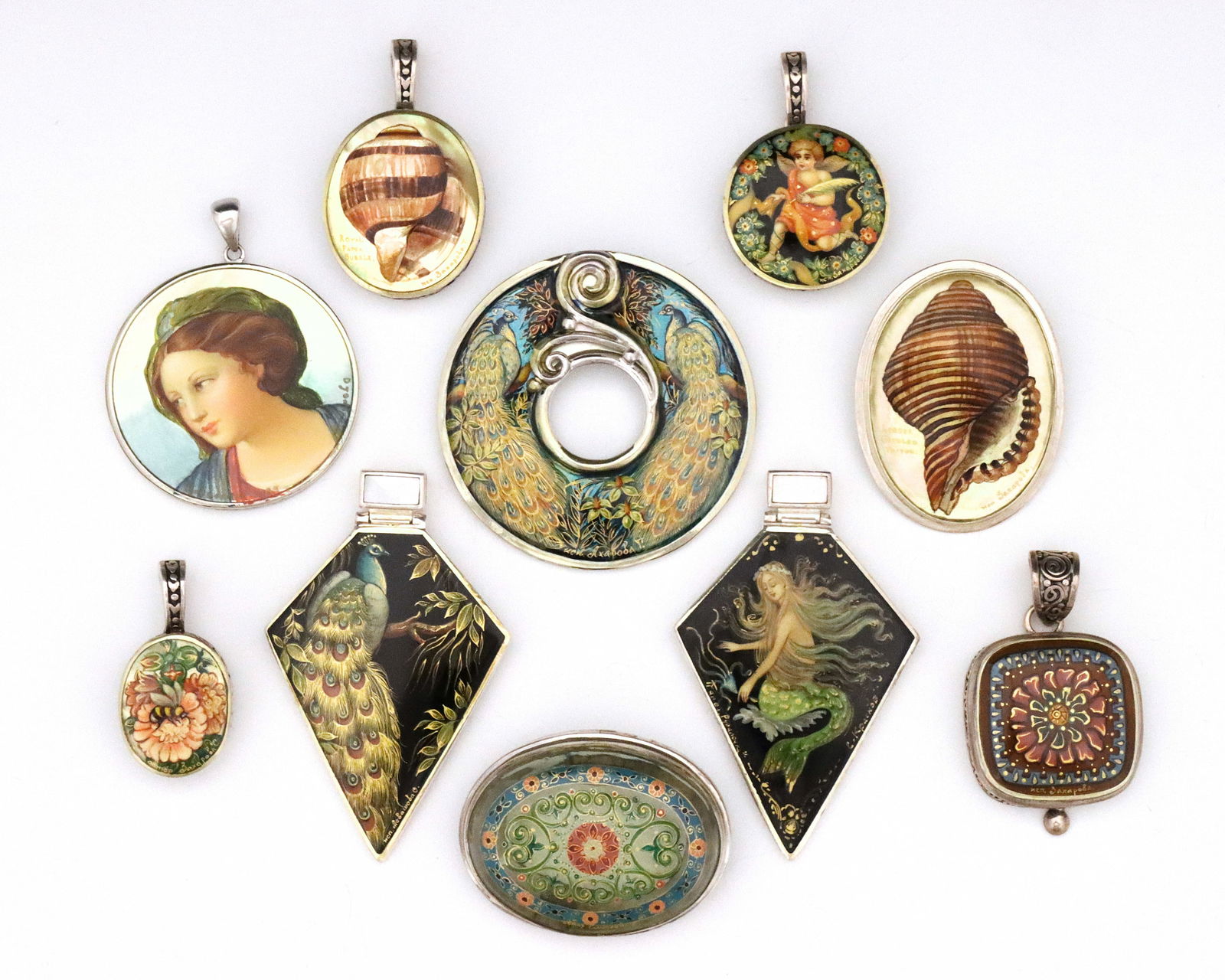 10 Russian Sterling Lacquer Pendants: Ten vintage Russian Sterling Silver lacquer necklace pendants. Various forms with enameled miniatures set in Sterling Silver frames. Eight signed by the artist, each pendant marked "925" or "Sterling"