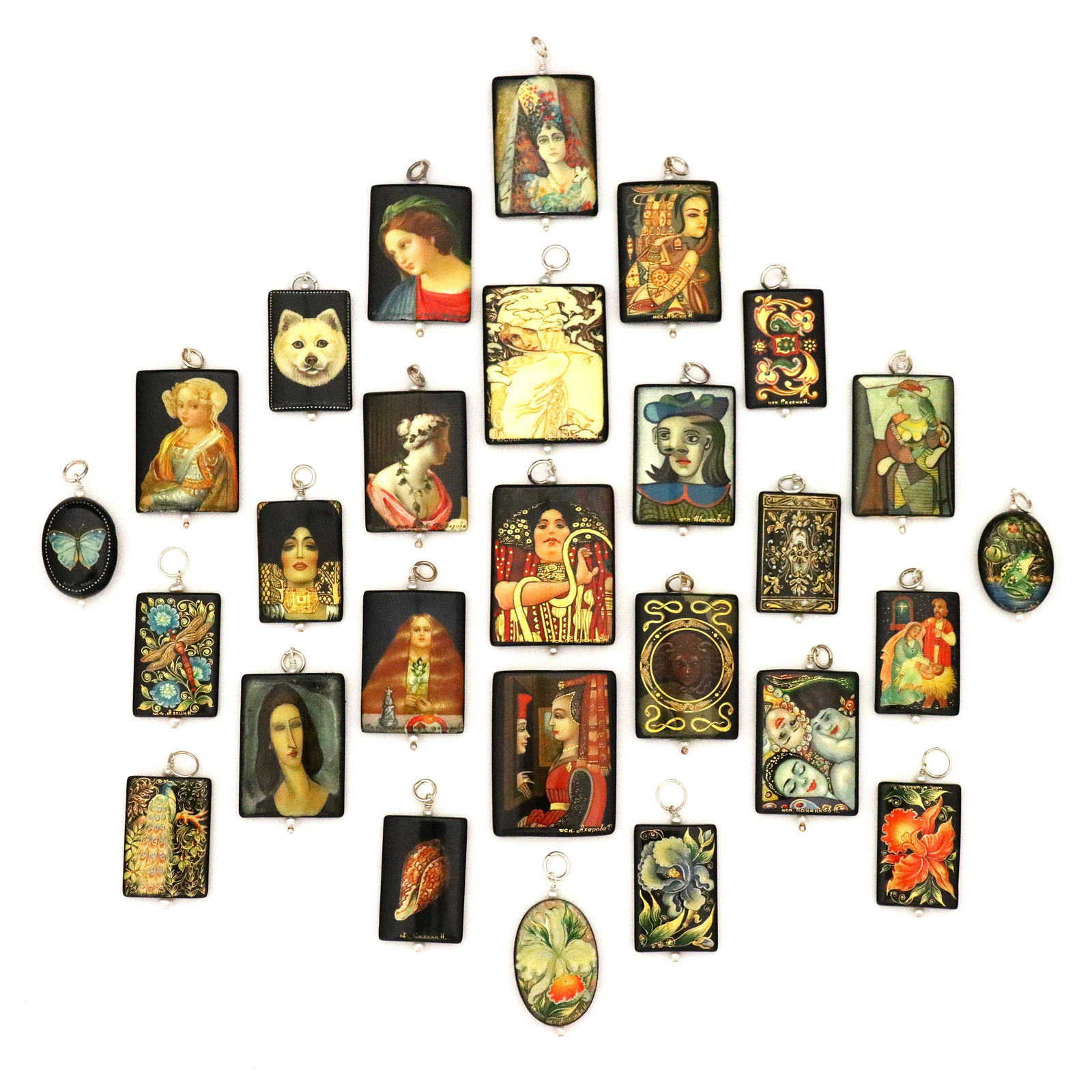 27 Russian Lacquer Pendants: Twenty-seven vintage Russian lacquered necklace pendants. Rectangular and oval forms with enameled floral and figural miniatures, set with small Pearl accents. Most signed by the artist. Unworn, a few