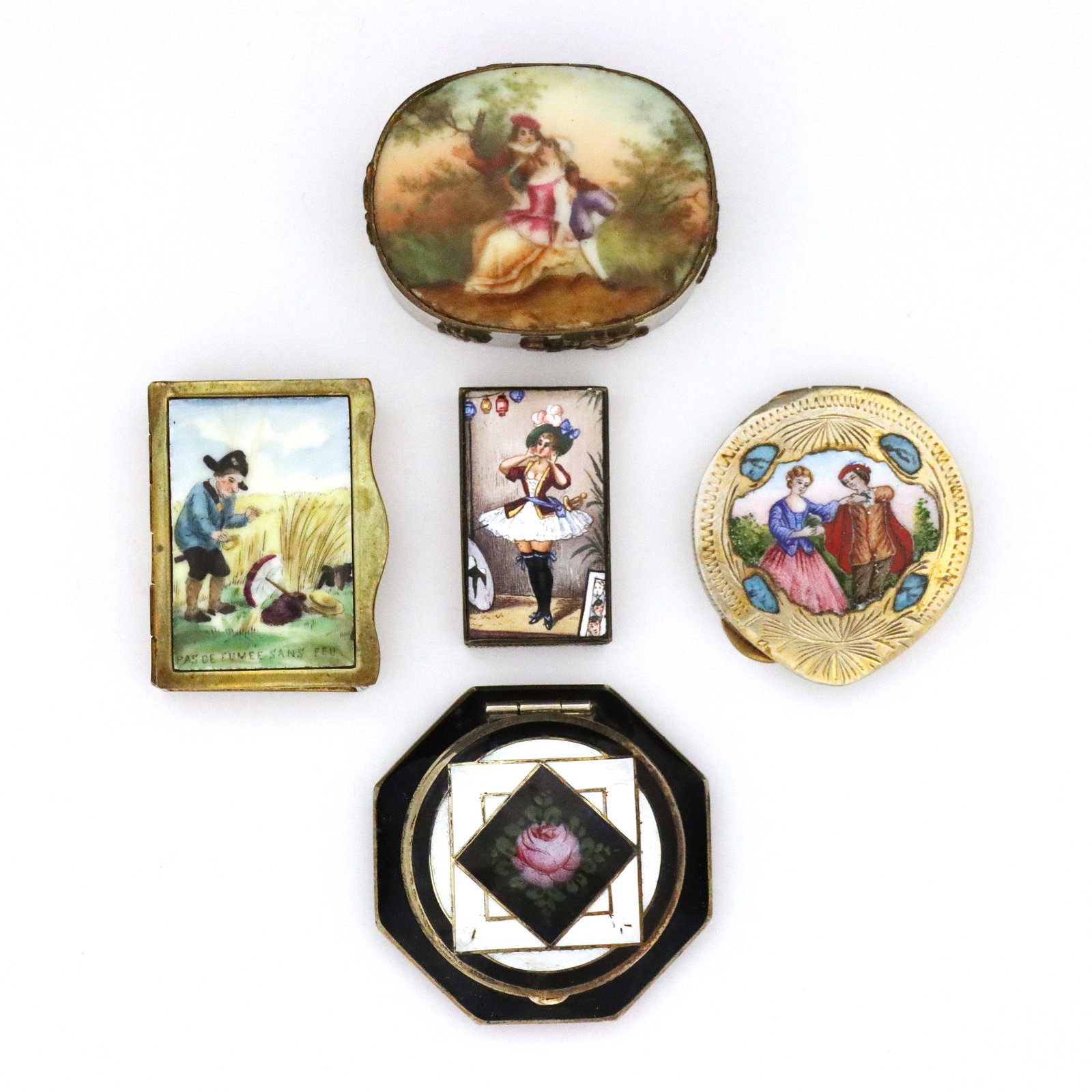 5 Enameled Silverplate & Brass Cases: Five early 20th century enameled Silverplate and Brass cases. Includes an oval Brass trinket box decorated with a Romantic scene, a Black and White Art Deco Silverplate compact with floral decoration,