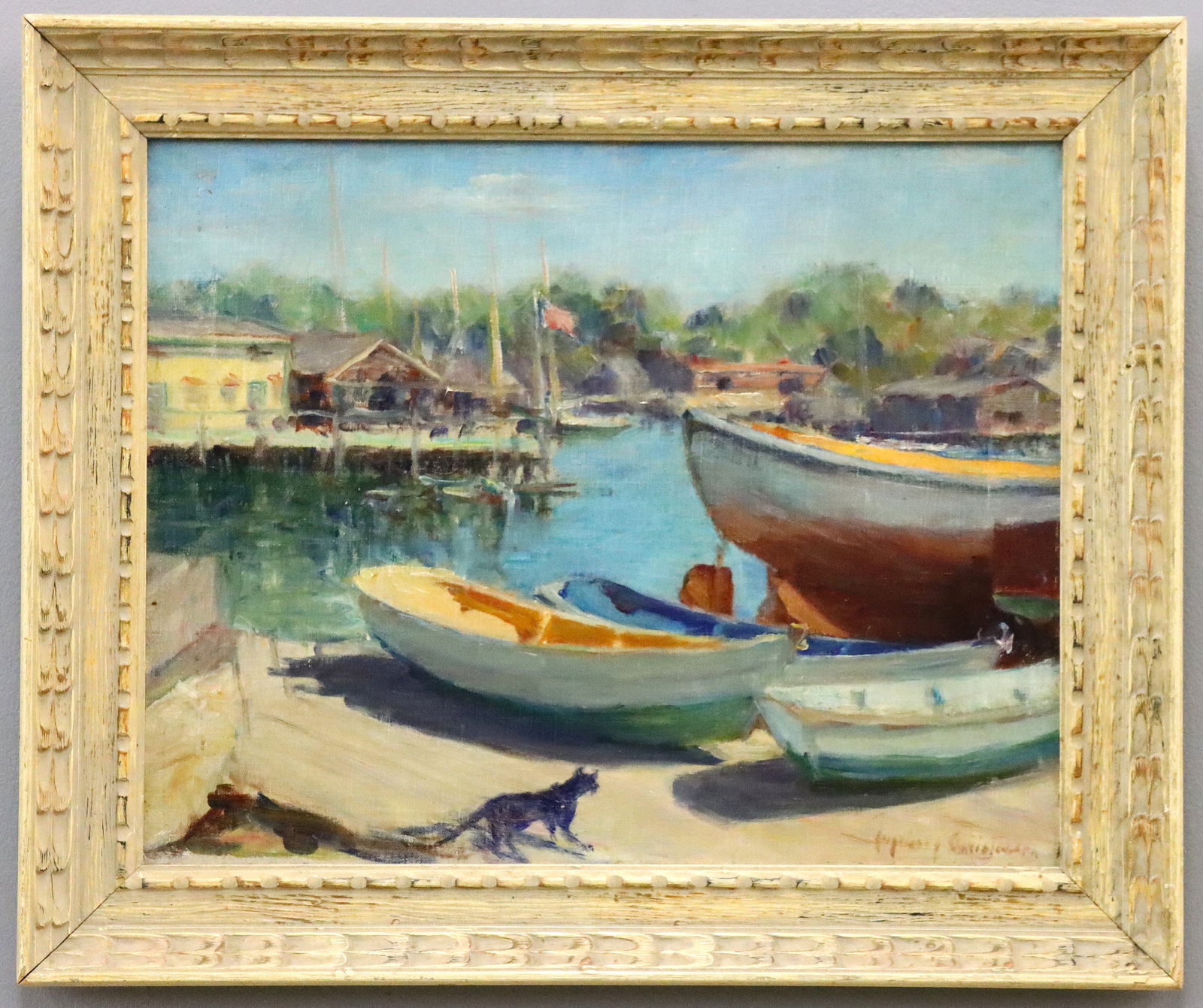 I. Christensen Harbor Scene: Ingeborg Christensen, American, 20th century. An oil on canvas board of a harbor scene featuring brightly colored boats and a Black cat in the foreground. Signed "Ingeborg Christensen" lower right.