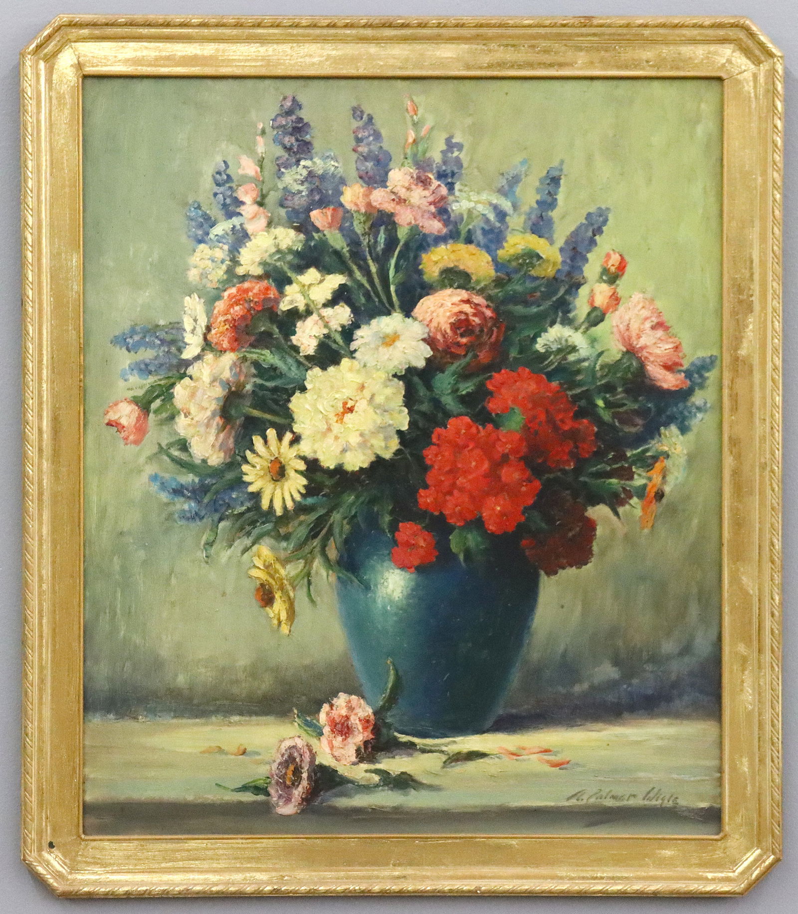 Archie P. Wigle Still Life: Archie Palmer Wigle, American, 1881-1963. An early 20th century oil on artist board floral still life. Signed "A. Palmer Wigle" lower right. Some surface grunge, minor staining. Image 21 1/2 x 25 1/2"