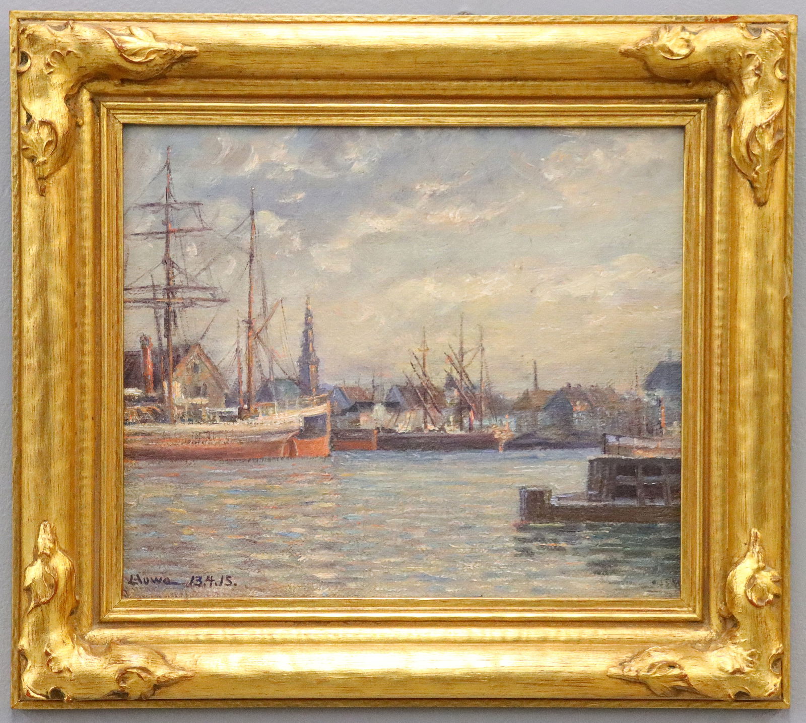 Howe Harbor Scene: An early 20th century oil on artist board harbor scene. Depicts boats docked at a harbor. Signed and dated "Howe 13.4.15." lower left, possibly Harry H. Howe (American, 1886?1966). Light wear overall,