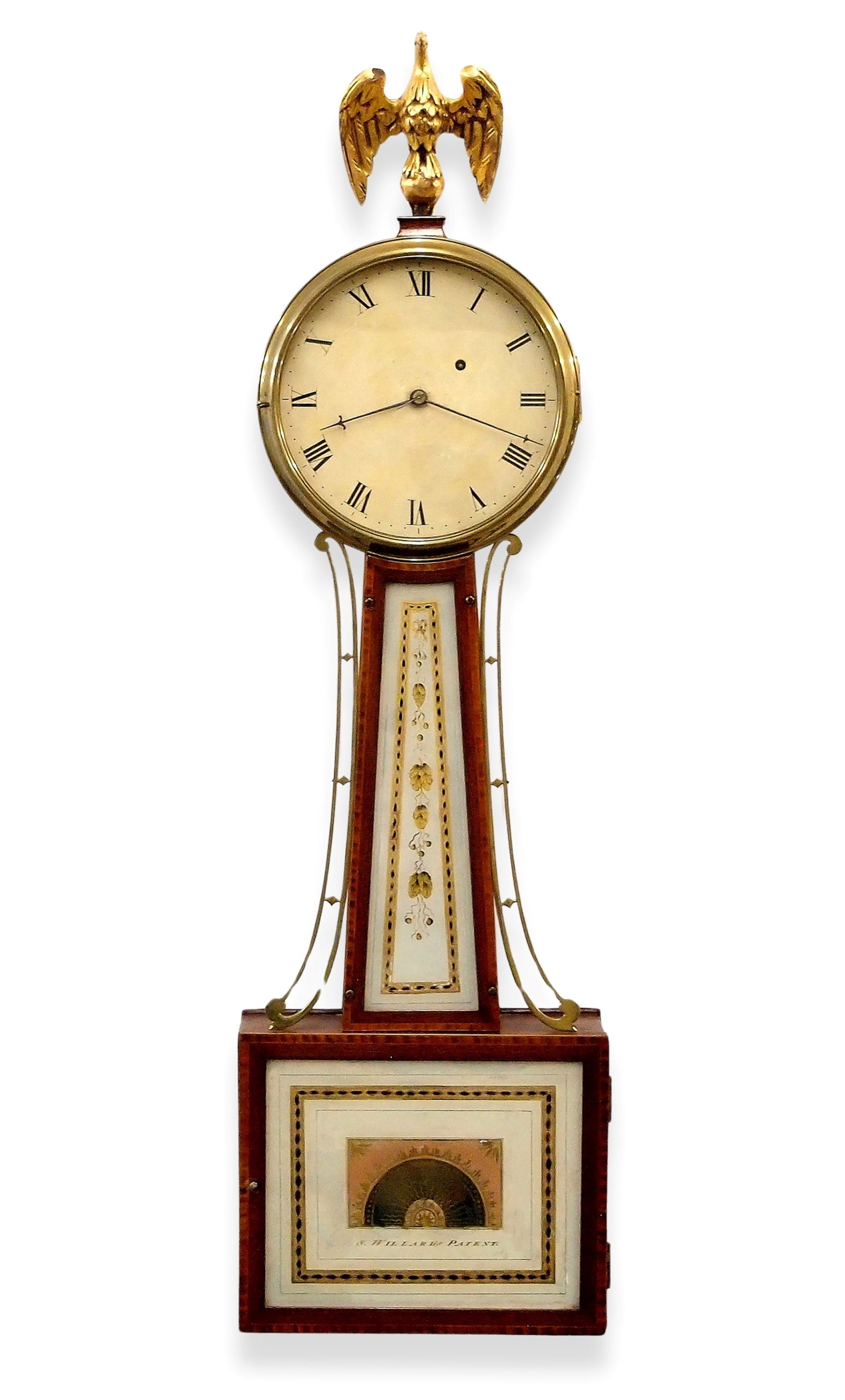 Simon Willard Banjo Clock: A mid 19th century American Banjo clock by Simon Willard, Roxbury, Mass. 8-day time only movement with T-Bridge suspension and shouldered plates, painted Iron dial with gold outer edge and Roman numer