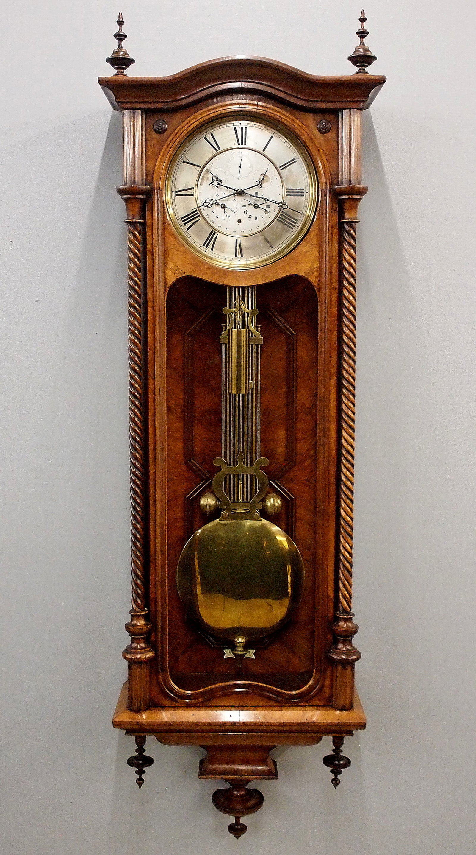 Orient Express Office Regulator: A late 19th century Vienna Regulator wall clock from an office of the Orient Express Railway Agency. 30-day weight driven time only movement with maintaining power and a flat Silvered dial and Roman n